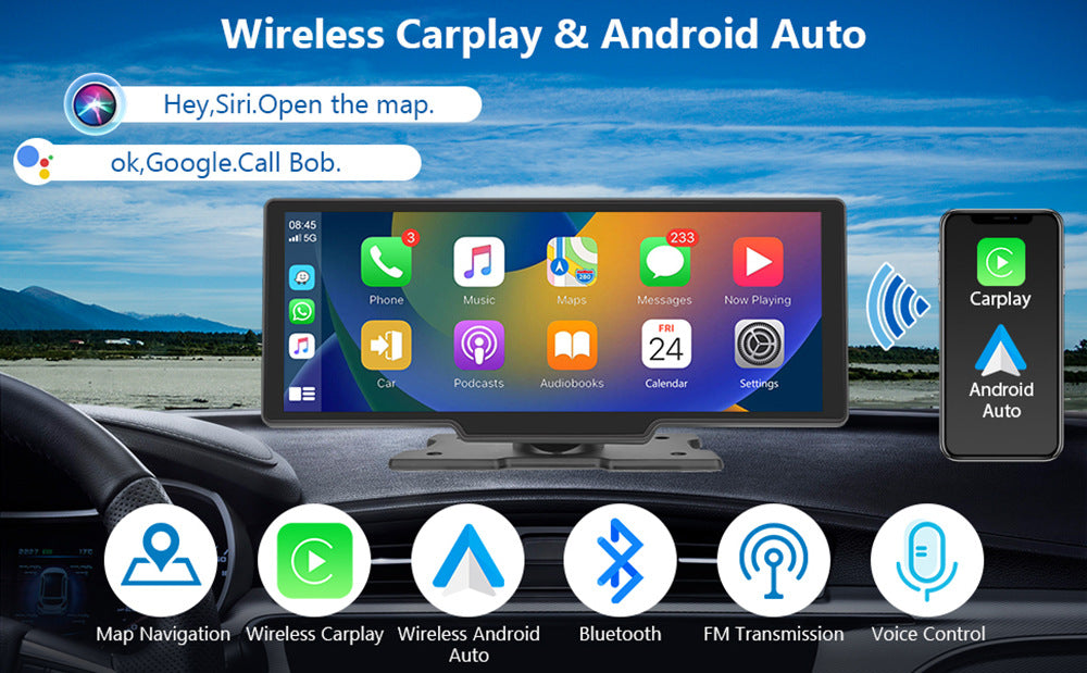 CarPlay Wireless Da 10.26 Pollici Con Dashcam 4K E Telecamera Posteriore 1080P, Android Auto, AUX, FM, Siri, Comando Vocale – Plug & Play Per Auto 12V-24V