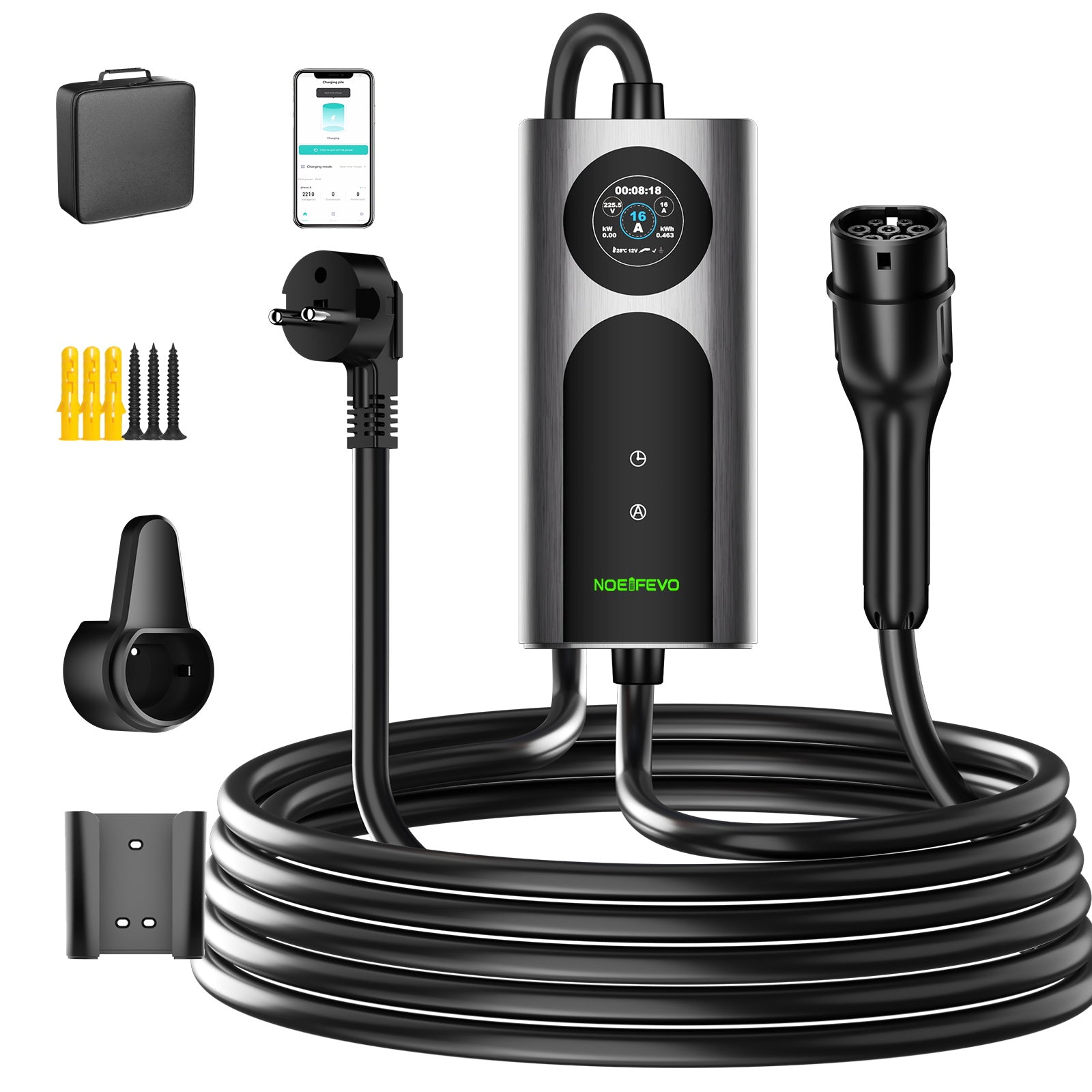 NOEIFEVO CY01 Typ 2 latauskaapeli Schuko 220V, 3,7kW mobiili seinälatauslaite sovelluksella, 6–16A 1-vaiheinen latauskaapeli sähköautoille (IEC 62196-2) & PHEV:ille