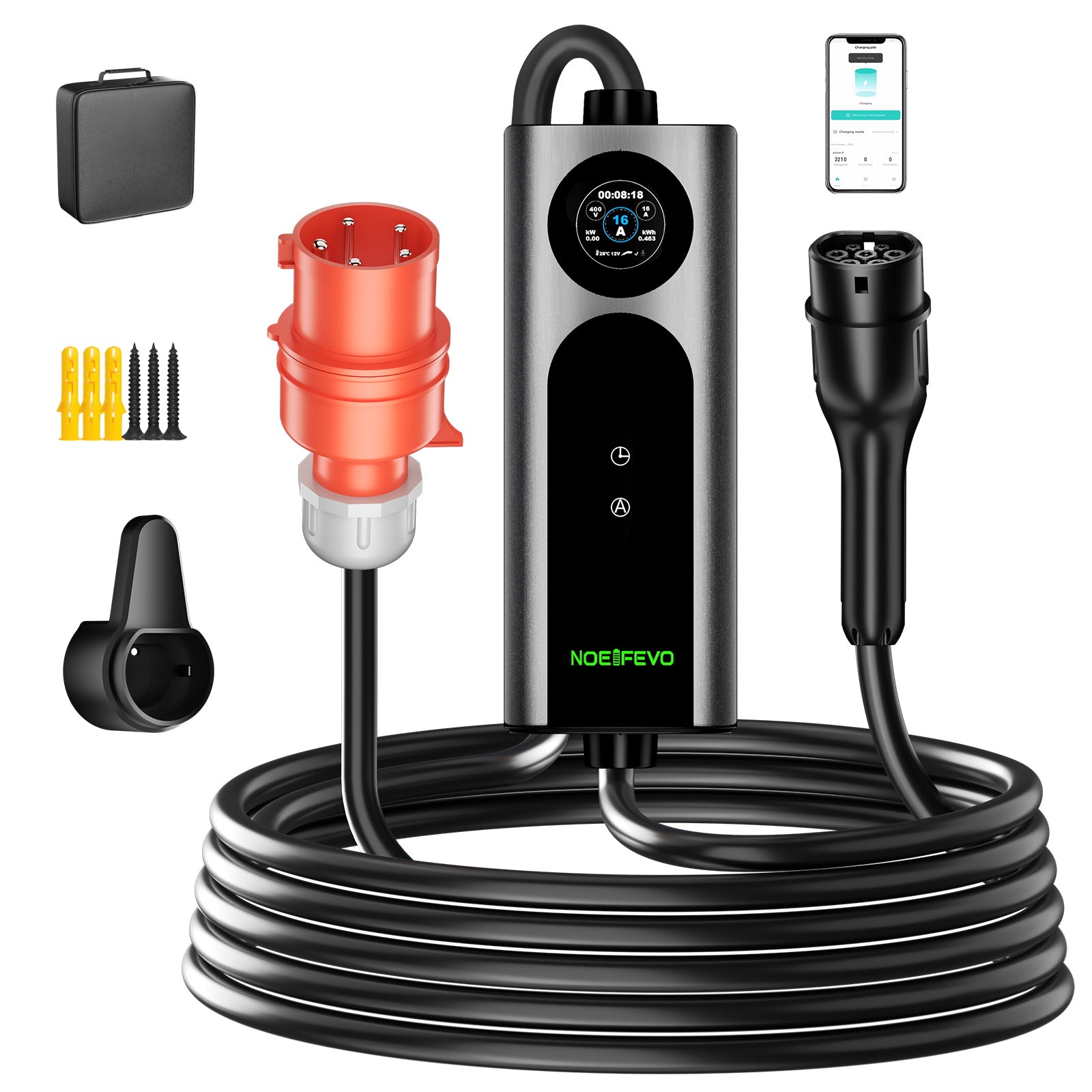 Noeifevo Wallbox EV Mobile Tipo 2, Caricatore EV 11KW 3-fasi CEE16A con Potenza di Carica Regolabile, Cavo di Carica EV da 5m/10m/15m per Model Y/3, ID.3/4/5, MG4, EX30, e-up, e-tron, Zoe e altri veicoli elettrici.
