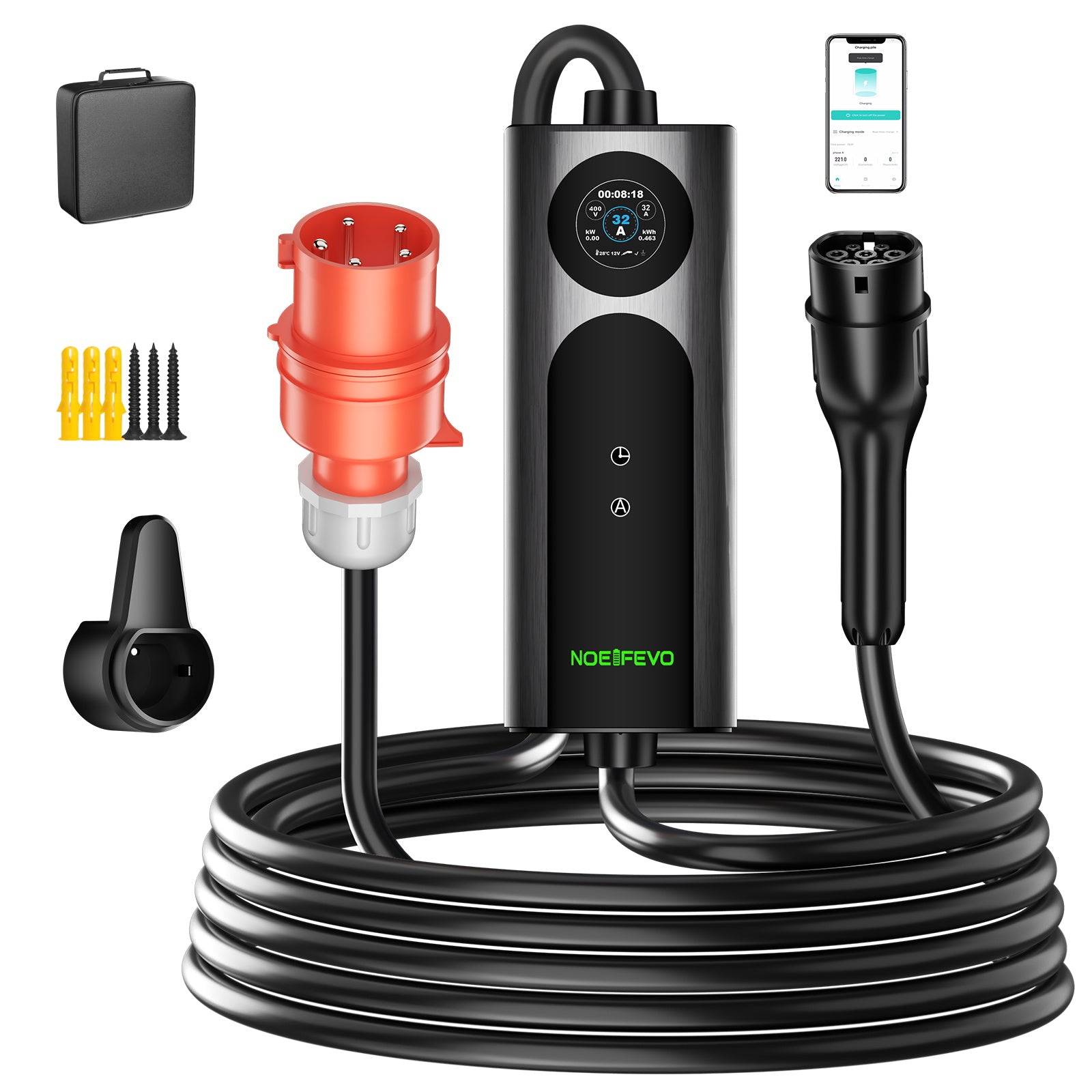 22KW 32A 3-vaiheinen mobiili EV-seinälaatikko, tyypin 2 pikalaturi sähköajoneuvoille, 5 metrin kaapeli, CEE 32A -pistoke