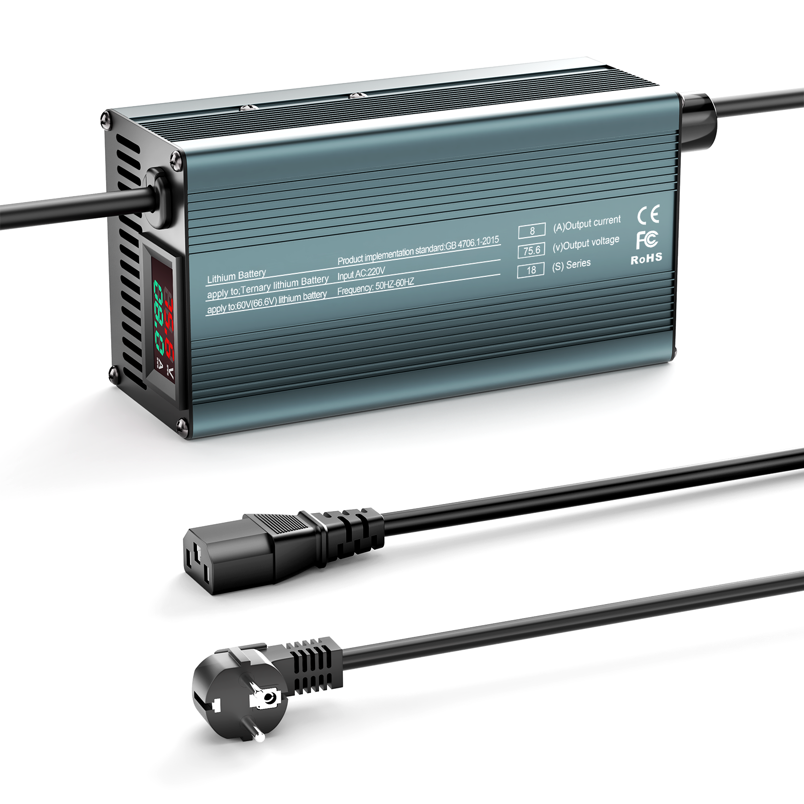 NOEIFEVO 75.6V 8A 18S Lithiumbatterijlader voor 18S 66.6V Li-ionbatterijen, stroominstelling 1-8A, langzaam opladen en snel opladen (MLC1300)