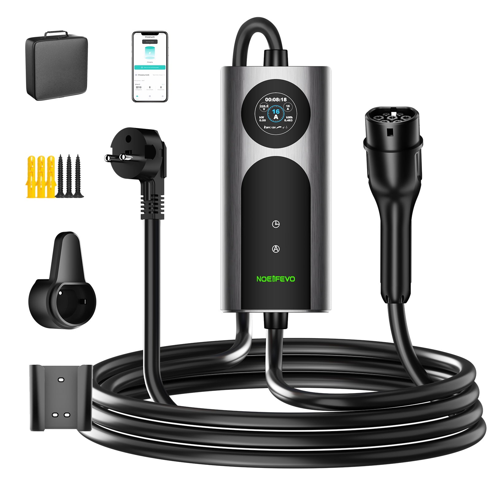 NOEIFEVO CY01 Typ 2 latauskaapeli Schuko 220V, 3,7kW mobiili seinälatauslaite sovelluksella, 6–16A 1-vaiheinen latauskaapeli sähköautoille (IEC 62196-2) & PHEV:ille