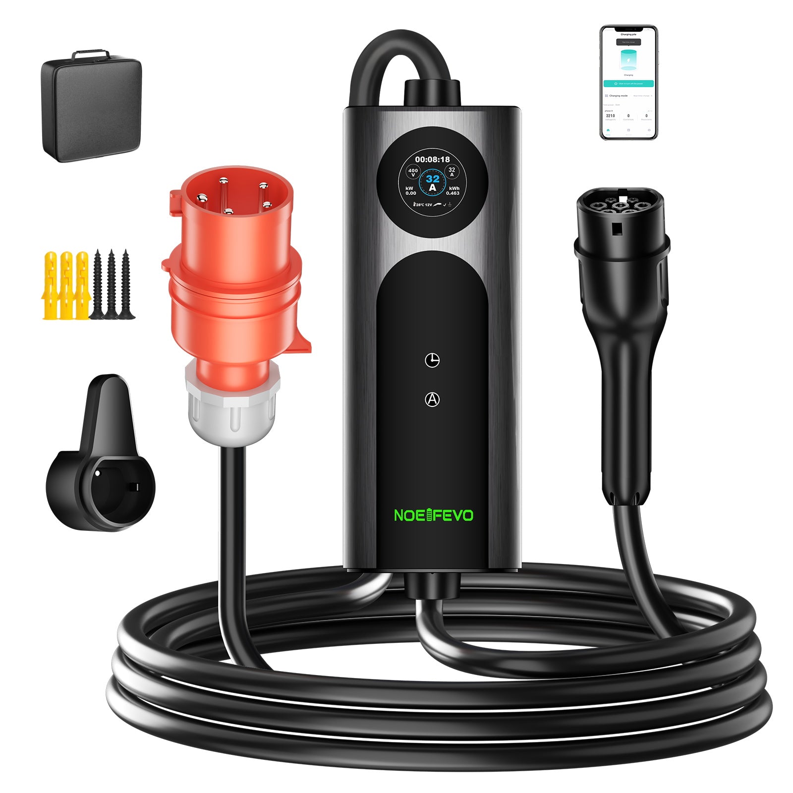 22KW 32A 3-vaiheinen mobiili EV-seinälaatikko, tyypin 2 pikalaturi sähköajoneuvoille, 5 metrin kaapeli, CEE 32A -pistoke