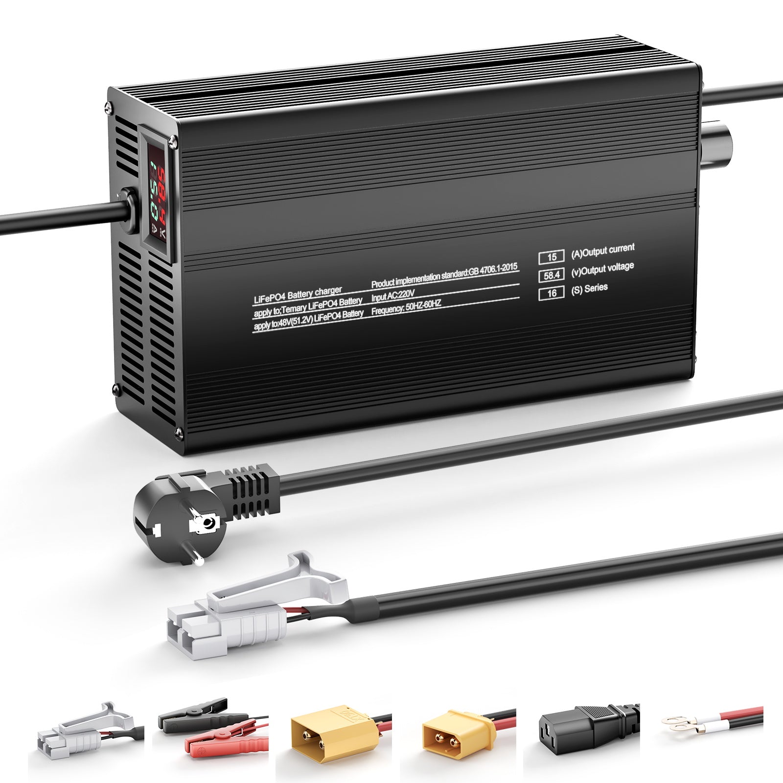 NOEIFEVO 51.2V 48V 16S Lithium LiFePO4 Batterieladegerät, Ausgangsspannung 58.4V, Stromeinstellung 1–15A, langsames Laden und schnelles Laden (MLC1300)