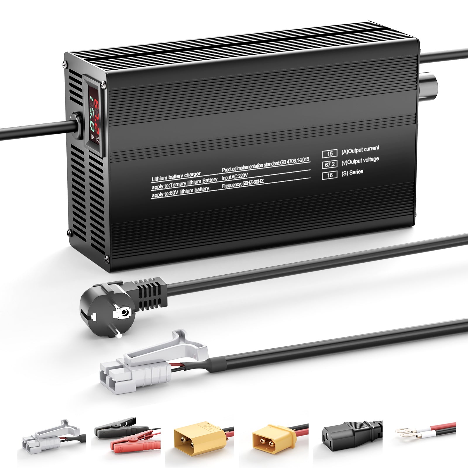 NOEIFEVO 60V 16S 15A Lithium-Batterieladegerät, Ausgangsspannung 67.2V, Stromeinstellung 1–15A, langsames Laden und schnelles Laden (MLC1300)