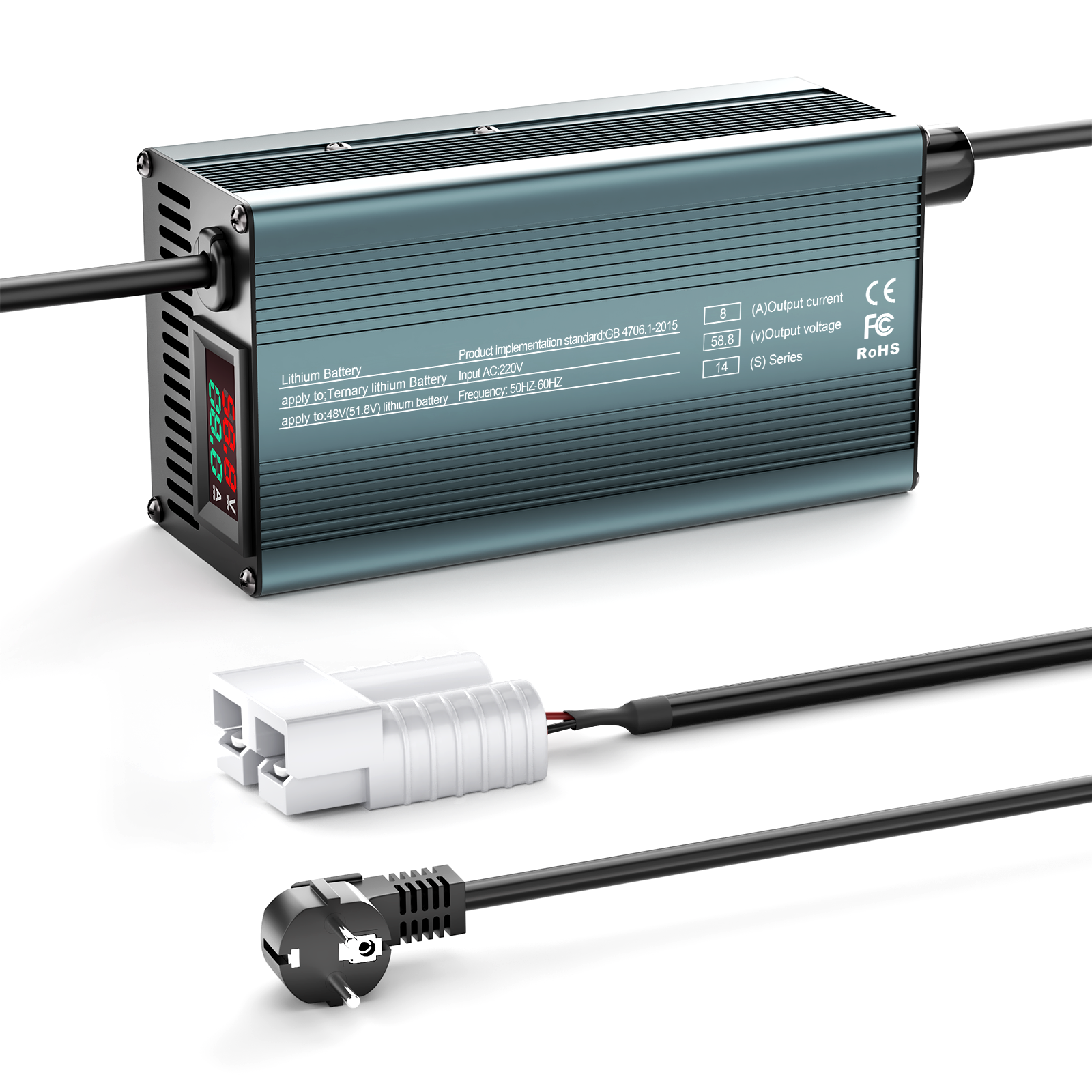 NOEIFEVO 58.8V 8A 14S litium-batterilader for 14S 51.8V Li-ion-batterier, strømjustering 1-8A, langsom lading og rask lading (MLC1300)