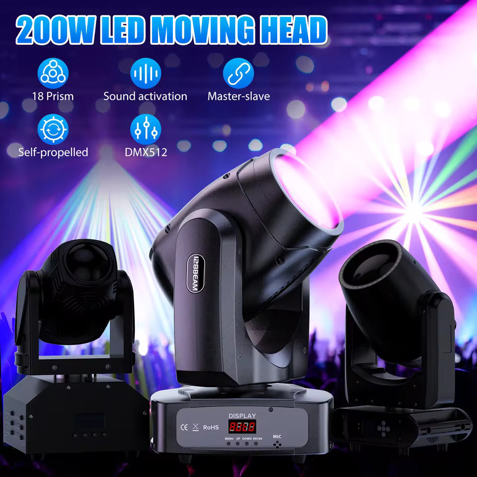200W LED-beam moving head-lygte, 18 prismer farveprojektor til scenebelysning, effektprojektor til barer, fødselsdage, klubber, KTV'er, koncerter og teatre