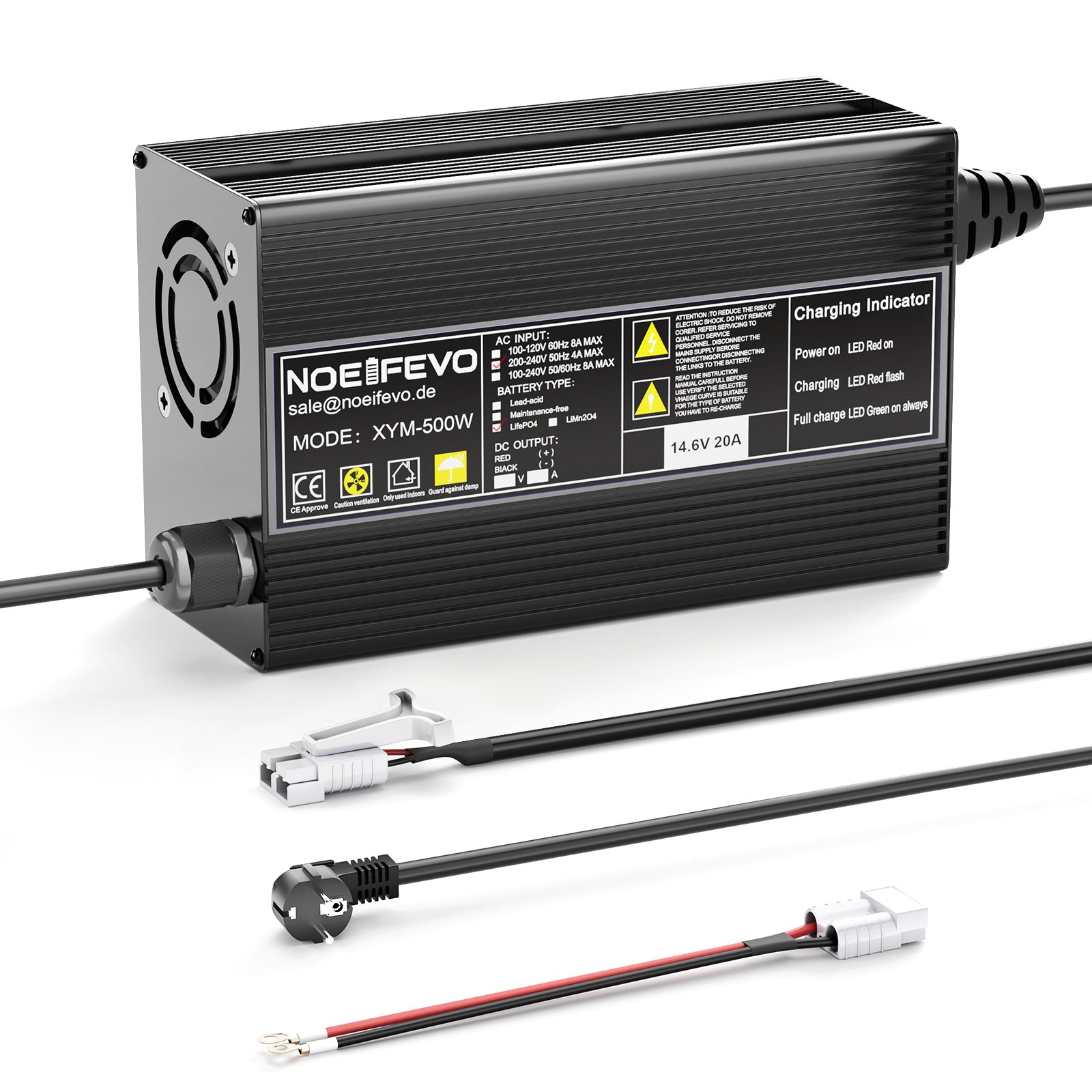 Noeifevo 14.6V 20A LiFePO4 Akku Ladegerät für 12V 12.8V LiFePO4 Lithium Batterie, 0V BMS Aktivieren, Automatische Abschaltung,Aluminiumlegierung Gehäuse