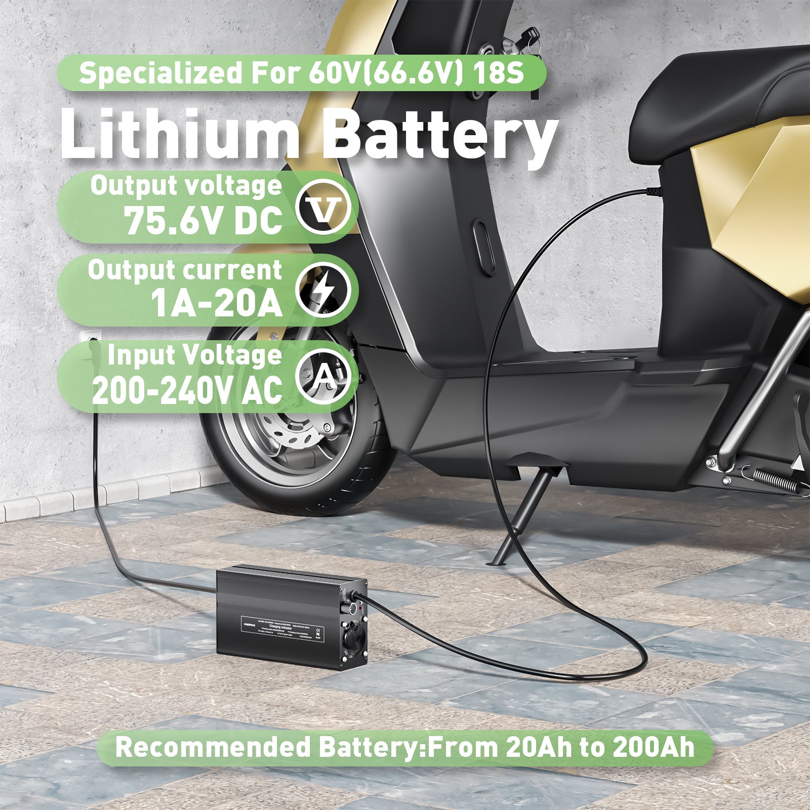 NOEIFEVO 75.6V 20A Litiumbatteriladdare för 66.6V 18S Litium-Li-Ion-Lipo-batteri, LCD-display, justerbar ström, laddare för elcykel, scooter, elektrisk motorcykel