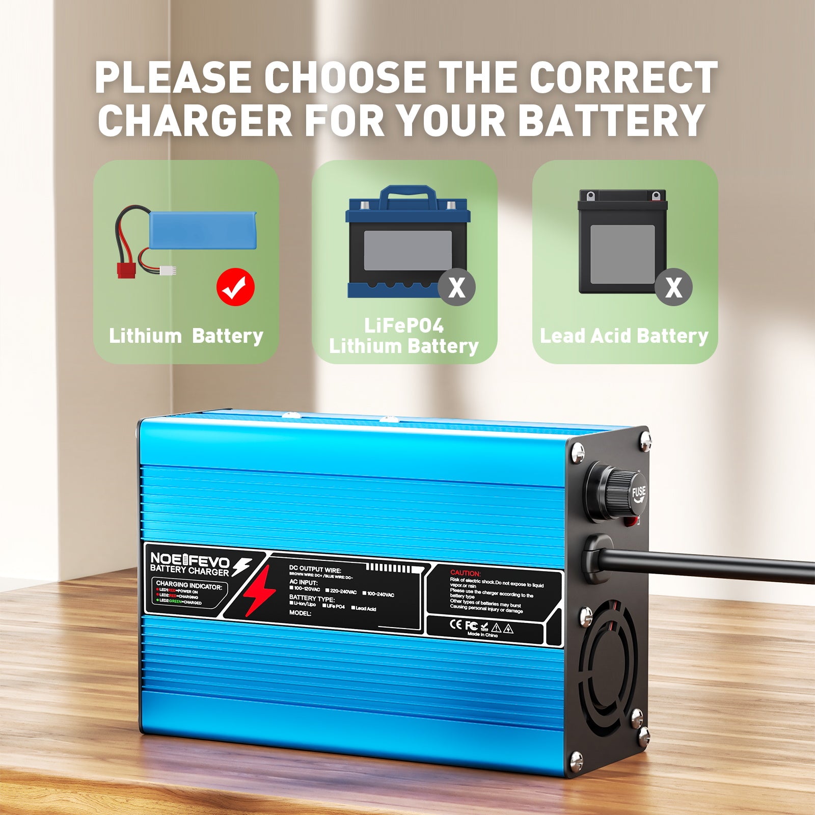 NOEIFEVO 14,6V 15A LiFePO4 batterilader til 12V 12,8V 4S LiFePO4-batteri, automatisk afbrydelse, aluminiumshus, med blæser