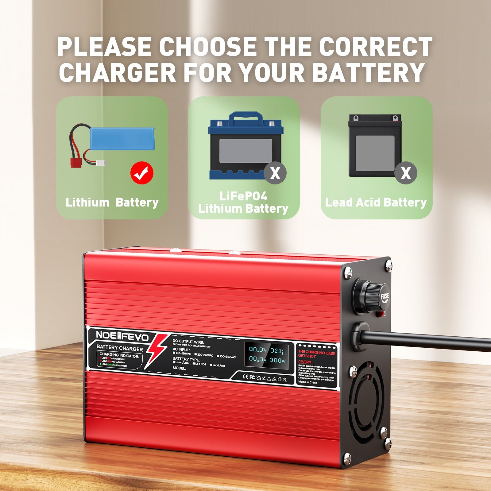 NOEIFEVO 72V 3,5 A Bly-syre batterilader, OLED-skærm, aluminiumhus, intelligent hurtiglader, krokodilleklemme/M8/IEC C13/RCA