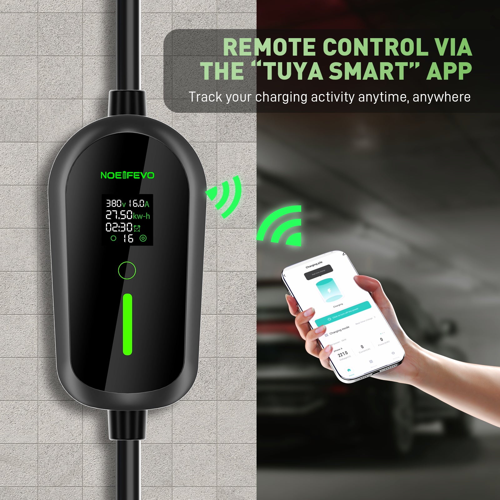 NOEIFEVO F097 11KW Wallbox móvil EV con app, 3 fases 6-16A con potencia de carga ajustable, control remoto por Wi-Fi, cable de carga CEE 16A a Tipo 2 para cargador EV