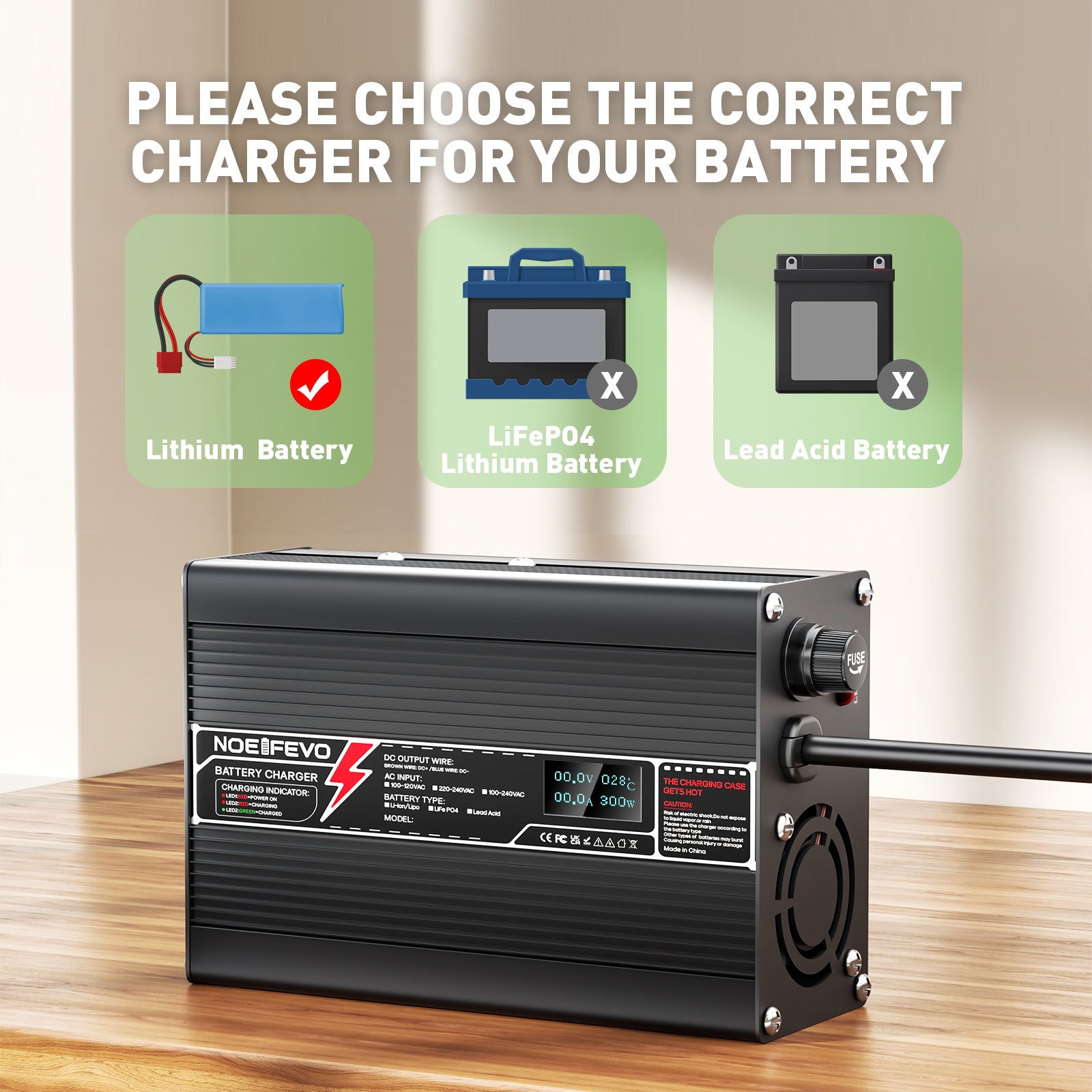 NOEIFEVO 58,8V 2,5A Lithium-lader til 14S 51,8V Li-Ion Lipo-batterier, med LCD-display, køleventilator, automatisk slukning.