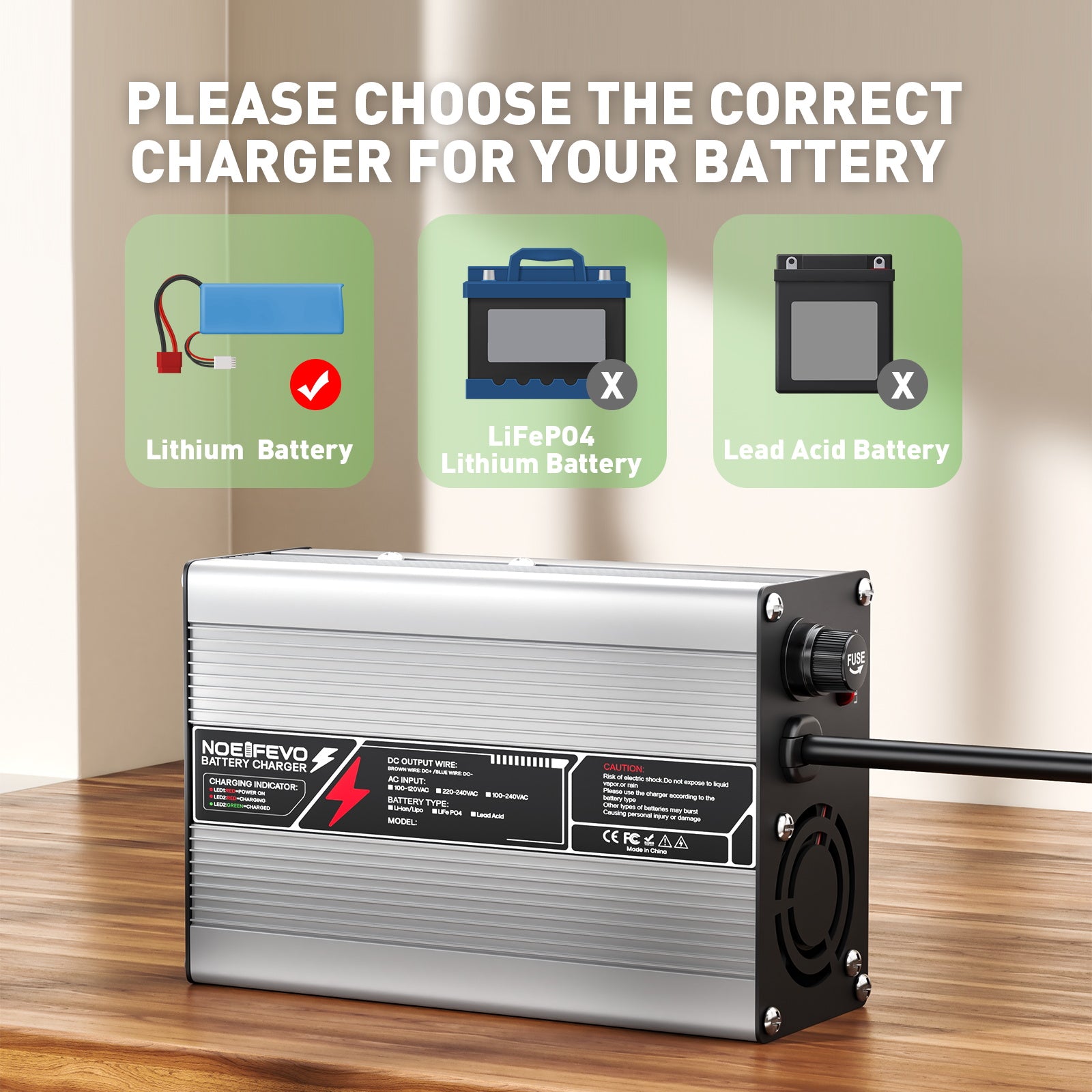 NOEIFEVO 50.4V 2A 2.5A 3A litiumladdare för 12S 44.4V Li-Ion Lipo-batterier, kylfläkt, automatisk avstängning