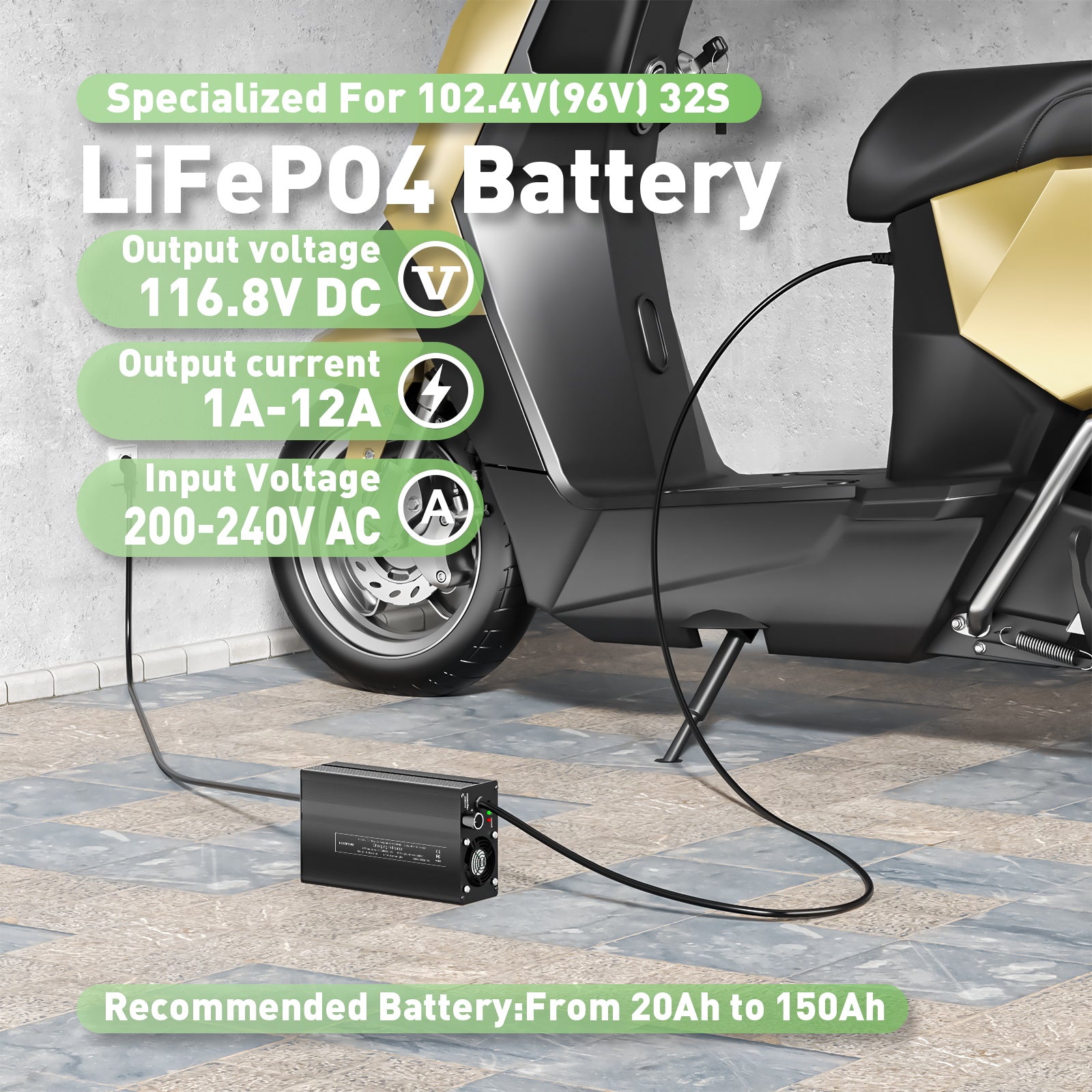 NOEIFEVO 116.8V 1A-12A LiFePO4-batterijlader, geschikt voor 102.4V (96V) 32S LiFePO4-batterij, LCD-scherm, instelbare stroom