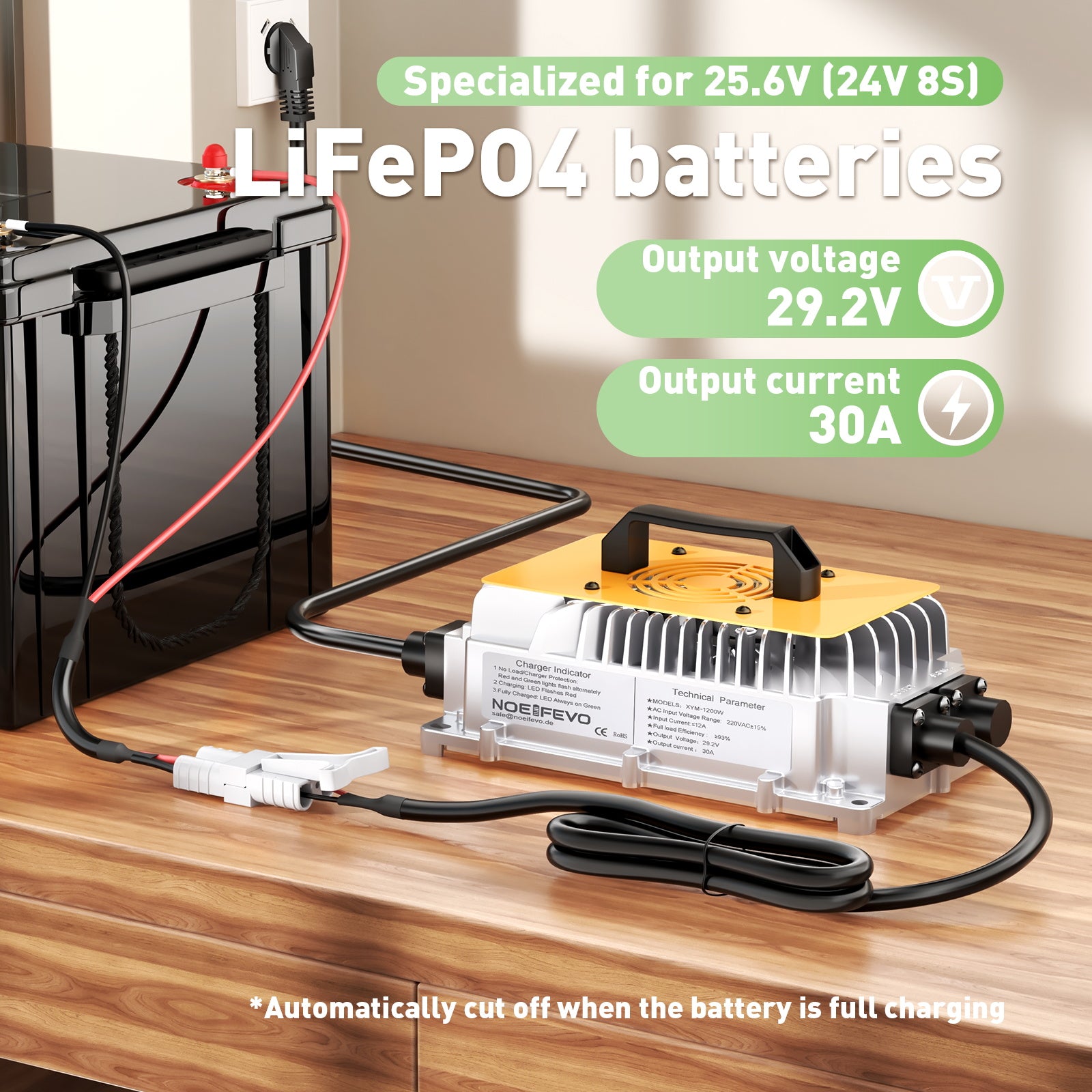 Noeifevo 29.2V 30A LiFePO4 Battery Charger for 24V 25.6V LiFePO4 Battery