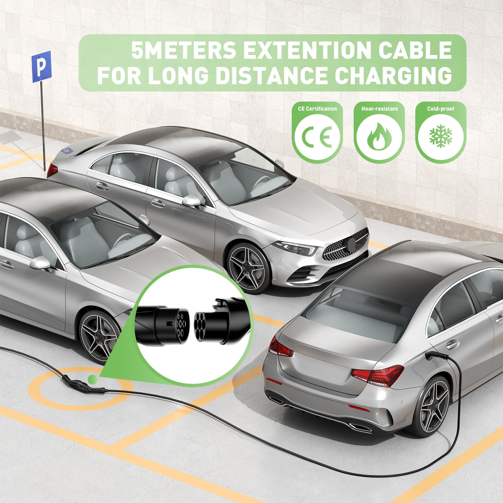 NOEIFEVO Type2 כבל מאריך כבל טעינה EV 5m/10m לתחנת טעינה/תיבת קיר, 3.5KW / 7KW / 11KW / 22KW