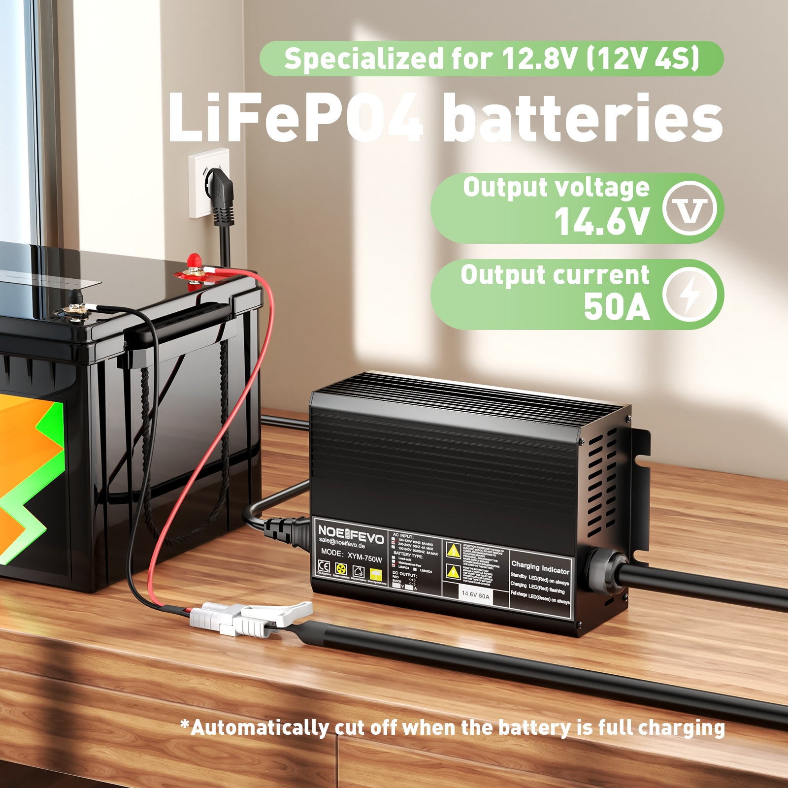 Noeifevo 14.6V 50A LiFePO4-akkulaturi 12V (12.8V) LiFePO4-akulle, Reset LiFePO4-akkulaturi