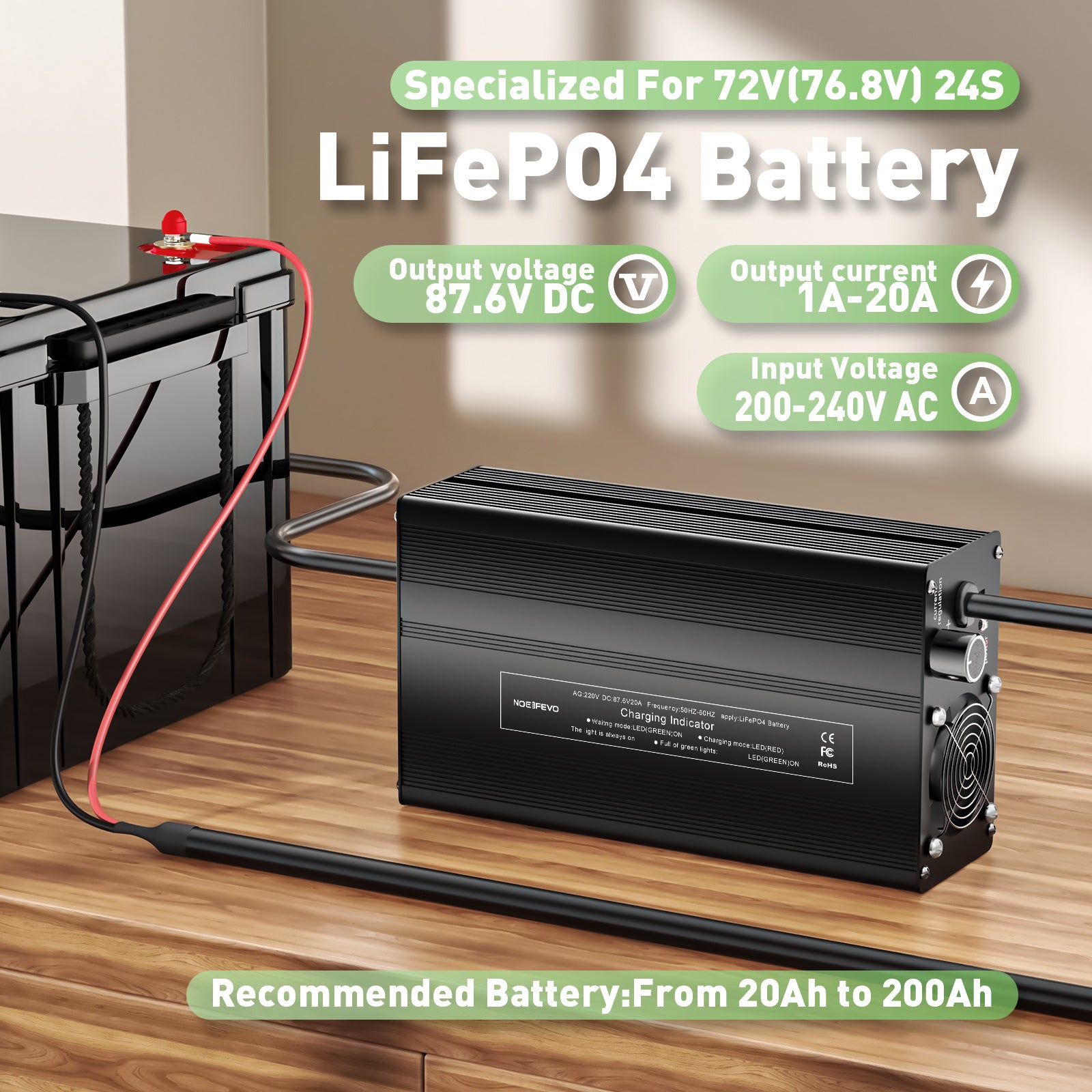 NOEIFEVO 87.6V 20A Lithium-LiFePO4 nabíječka pro 76.8V 24S LiFePO4 baterii, LCD displej, nastavitelný proud, nabíječka pro trollingový motor, loď a obytné vozy