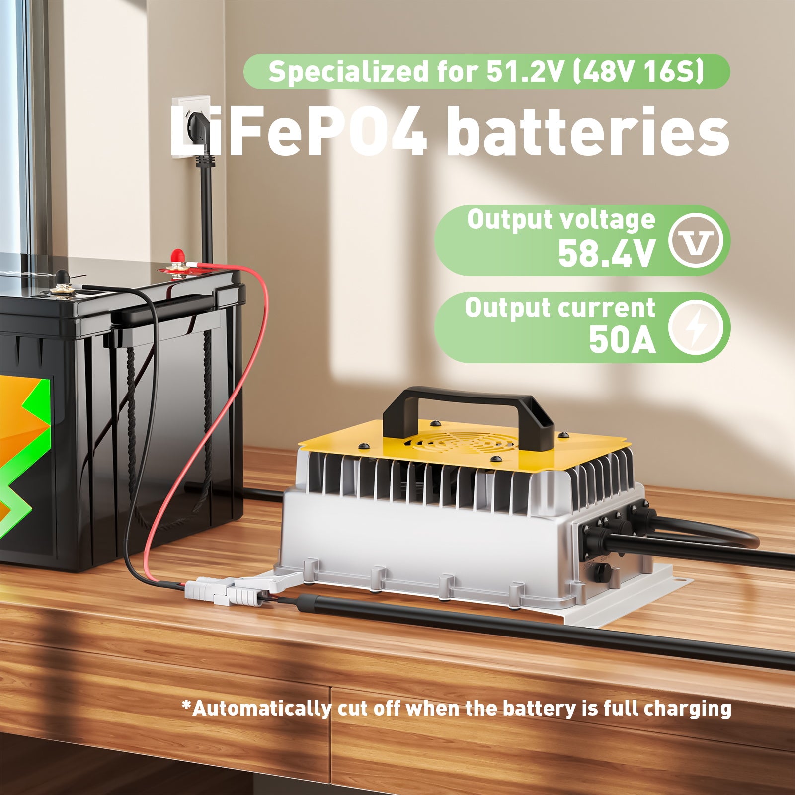 NOEIFEVO 58.4V 50A LiFePO4 akkulaturi 51.2V (48V) 16S LiFePO4 akulle, vedenpitävä, 0V BMS aktivoitu