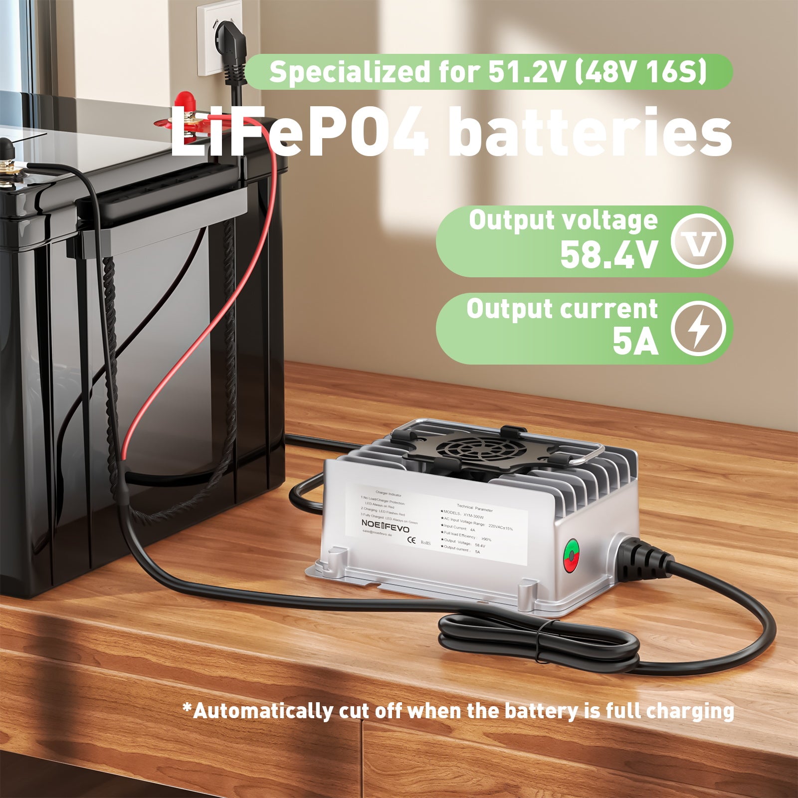 NOEIFEVO 58.4V 5A vandtæt LiFePO4 batterioplader til 51.2V(48V) 16S LiFePO4 batteri