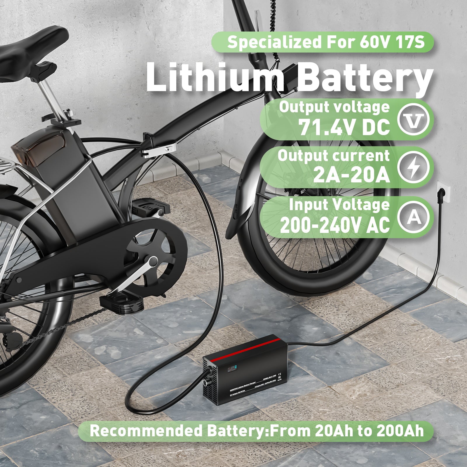 NOEIFEVO 71.4V 2-20A מטען סוללות ליתיום עבור סוללות ליתיום-יון-ליפו 60V 62.9V 17S, תצוגת LCD, זרם מתכוונן, מטען לאופניים חשמליים, סקוטר, אופנוע חשמלי