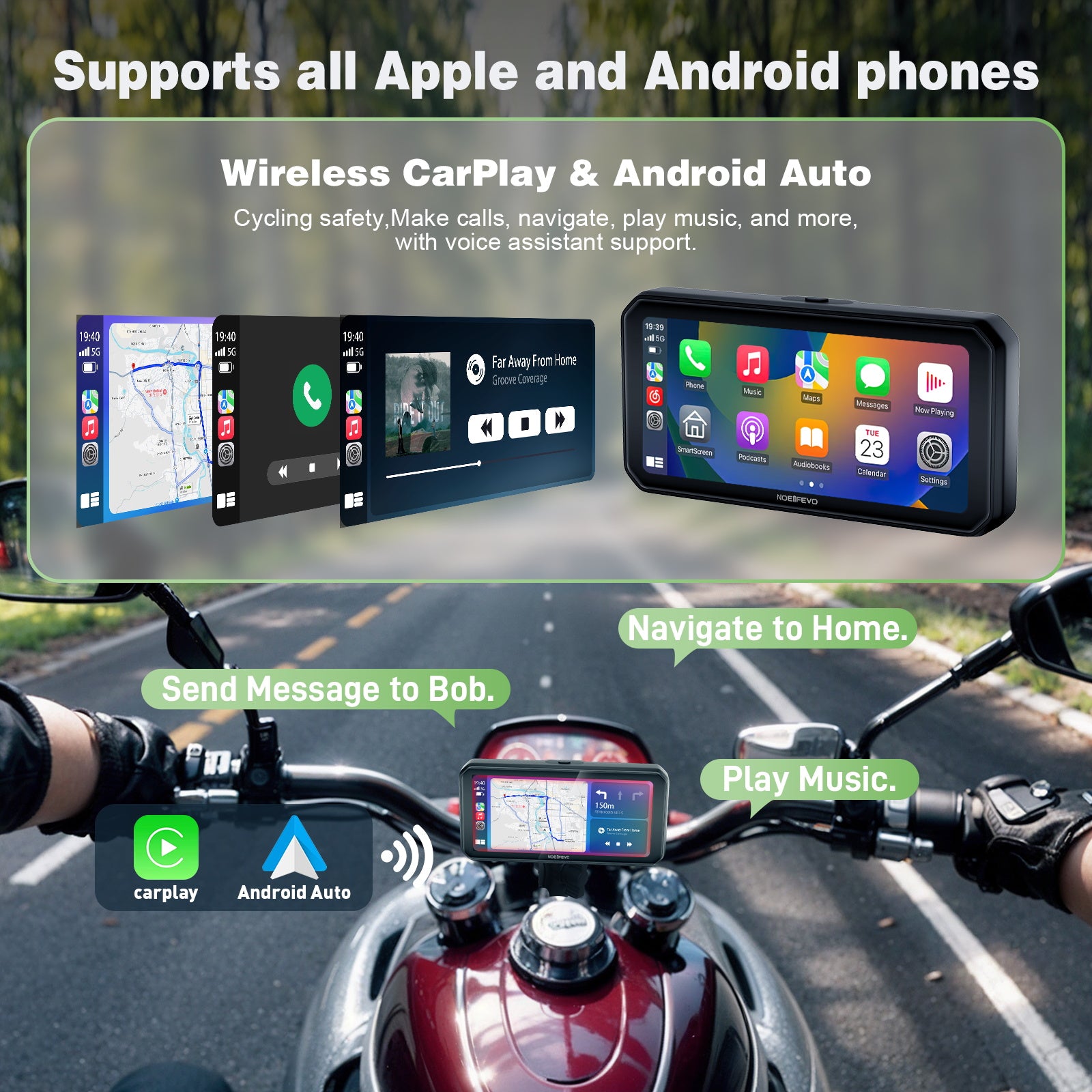 NOEIFEVO MT9B motocyklový Carplay displej s funkcí detekce mrtvého úhlu, bezdrátové CarPlay a Android Auto, přenosný vodotěsný 6,3palcový dotykový displej, vylepšený duální Bluetooth, navigace