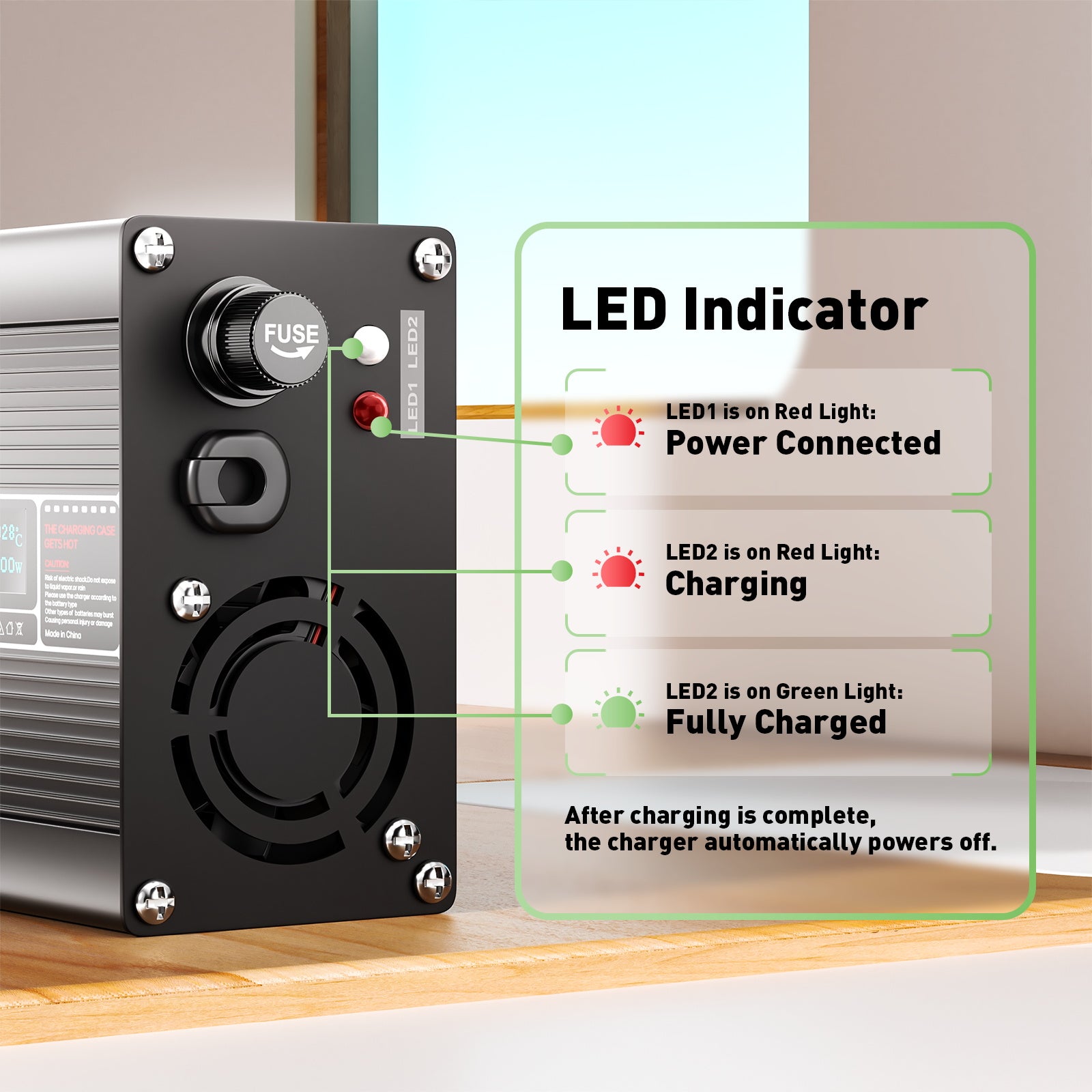 מטען ליתיום NOEIFEVO 42V 2A עבור סוללות 10S 37V Li-Ion Lipo, עם תצוגת LCD, מאוורר קירור, כיבוי אוטומטי.