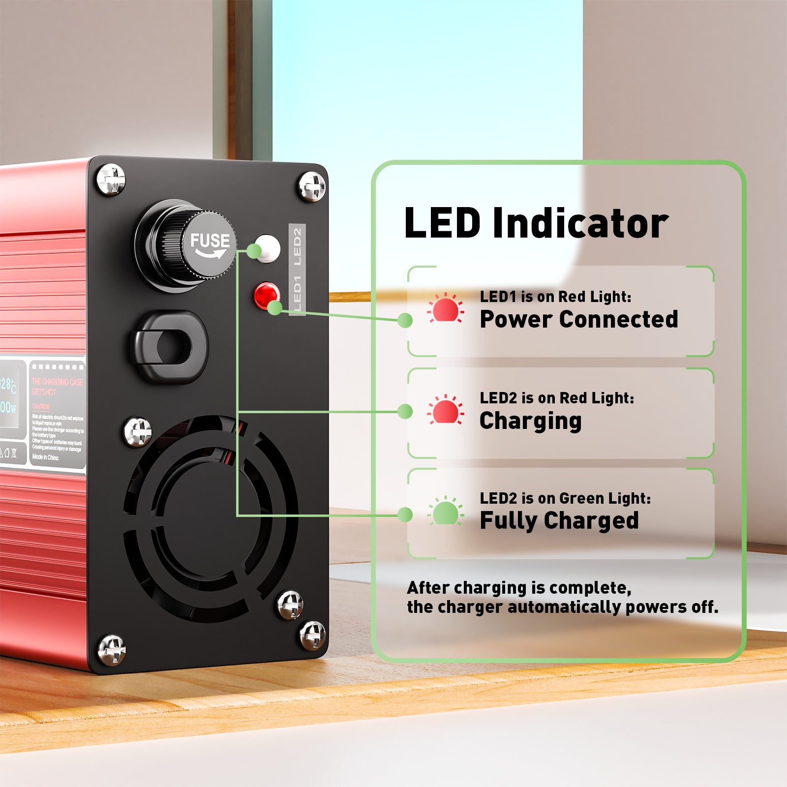 NOEIFEVO 46.2V 4A Lithium nabíječka pro 11S 40.7V Li-Ion Lipo baterie, s LCD displejem, chladicím ventilátorem, automatickým vypnutím(ČERVENÁ)