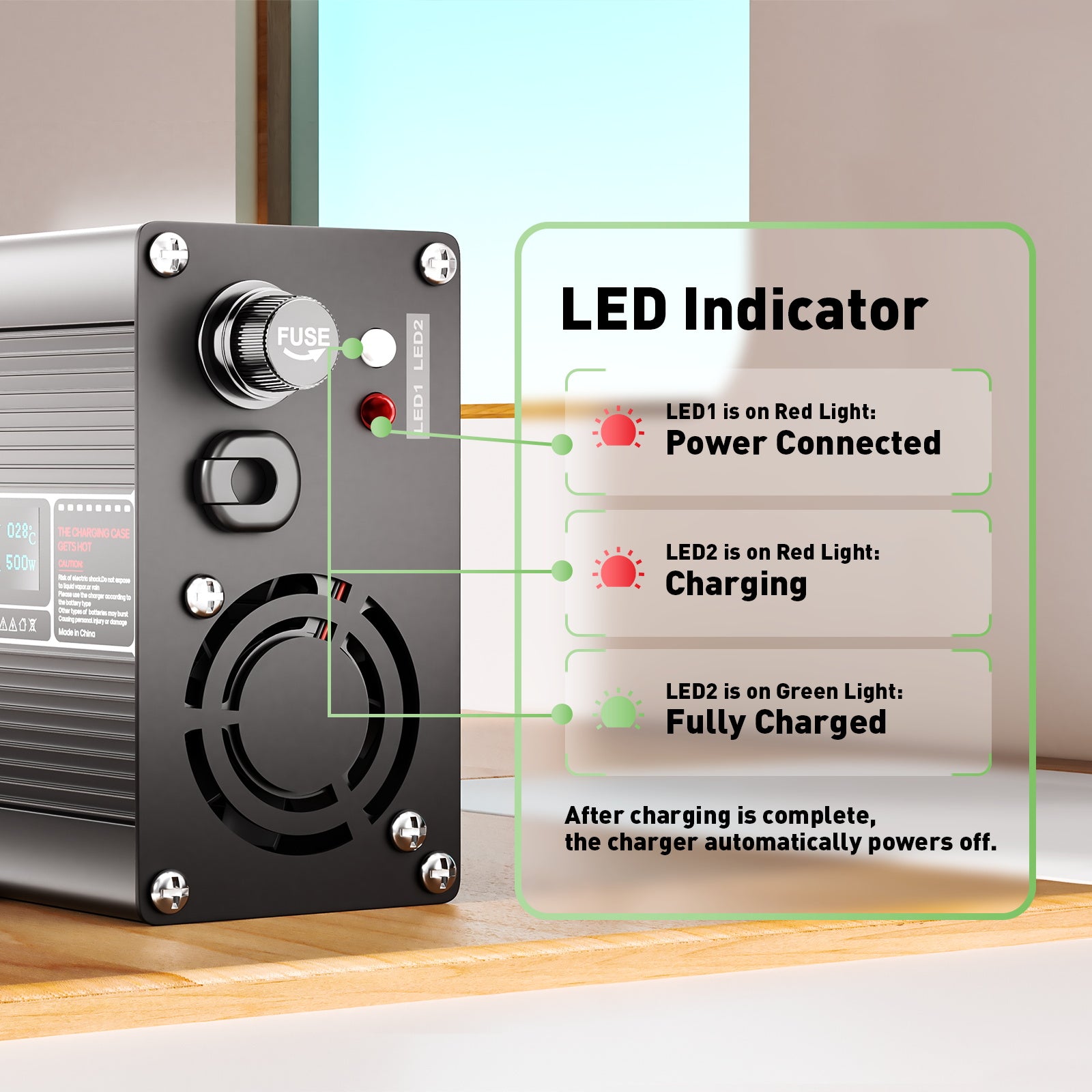 NOEIFEVO 58.8V 8A Lithium-Ladegerät für 14S 51.8V Akku, LED-Anzeige, Aluminiumgehäuse, Lüfter