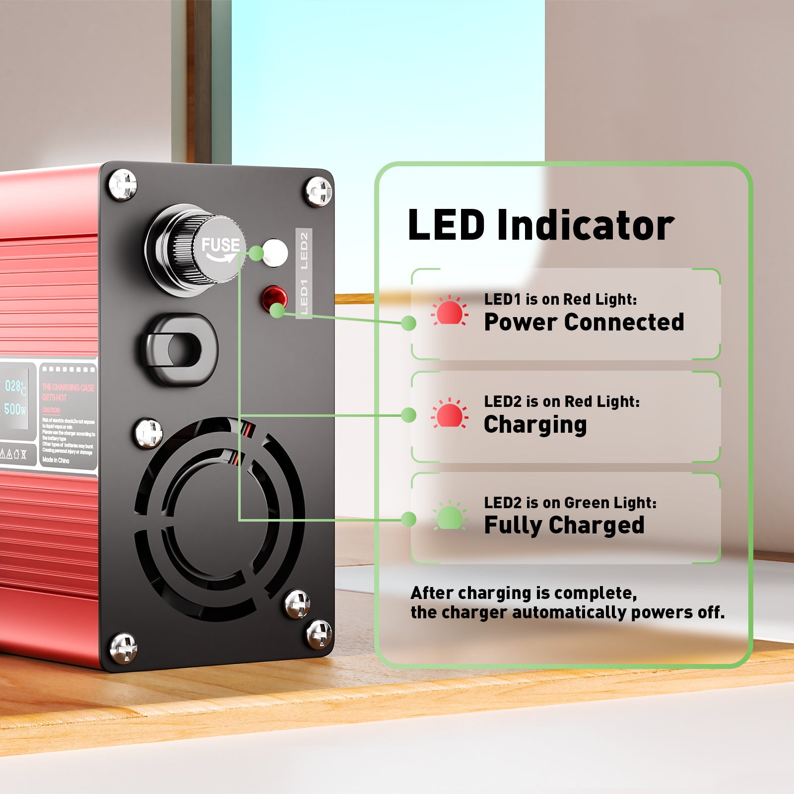 NOEIFEVO 48V 8A nabíječka olověných baterií, napětí při nabíjení 55,2V-58,8V, automatické vypnutí, OLED displej, hliníkový kryt, s ventilátorem