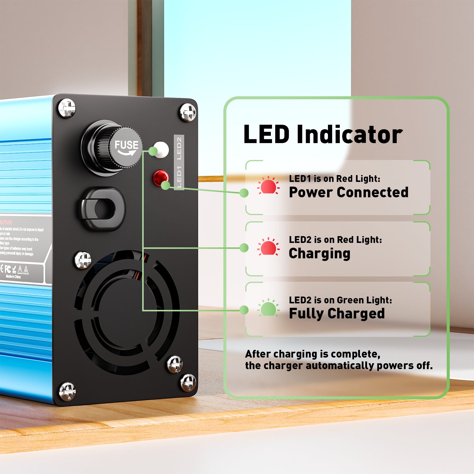 NOEIFEVO 27.6V-29.4V 5A  Blei-Säure-Batterieladegerät für 24V Blei-Säure Batterie, Kühlventilator, automatischer Abschaltung（BLUE）