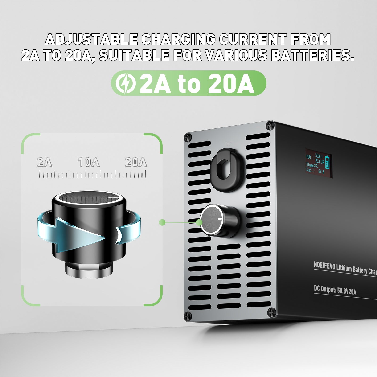 NOEIFEVO 58,8V 2-20A Cargador de batería de litio para baterías de 51,8V 52V 14S Li-Ion Lipo, pantalla LCD, corriente ajustable, cargador para E-Bike, scooter, motocicleta eléctrica