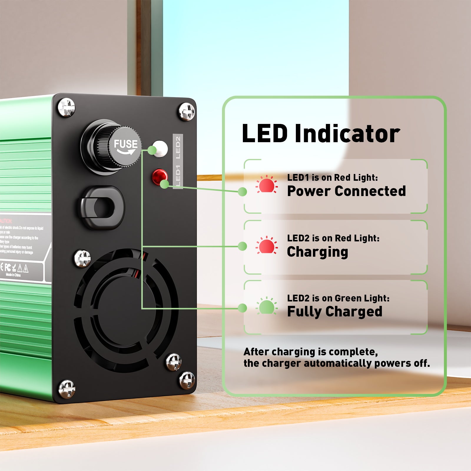 מטעין ליתיום NOEIFEVO 50.4V 2A 2.5A 3A עבור סוללות 12S 44.4V Li-Ion Lipo, מאוורר קירור, כיבוי אוטומטי (ירוק)