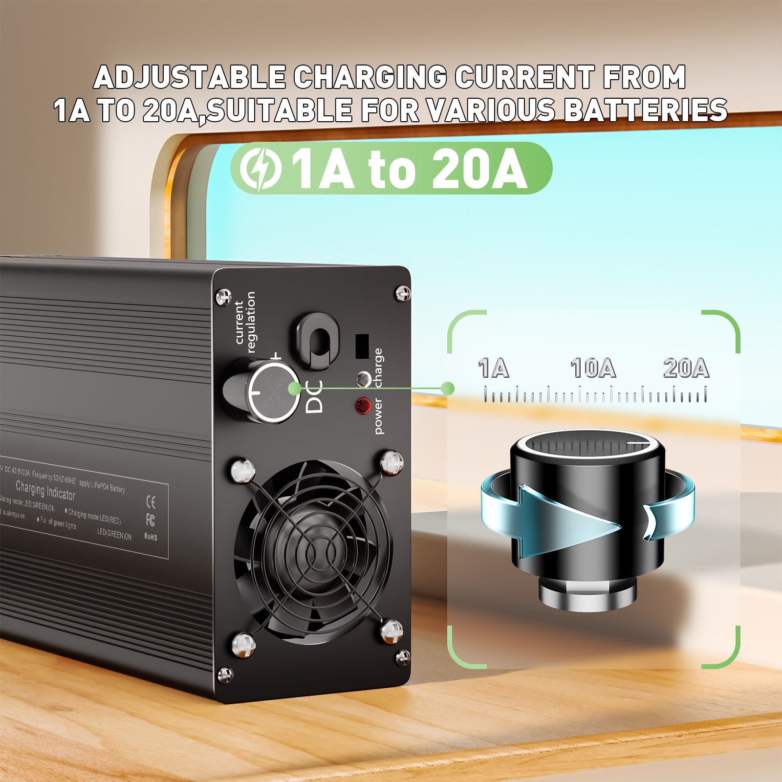 NOEIFEVO 73V 20A Lithium-LiFePO4 nabíječka pro 60V 64V 20S LiFePO4 baterii, LCD displej, nastavitelný proud, nabíječka pro trollingový motor, loď a obytné vozy