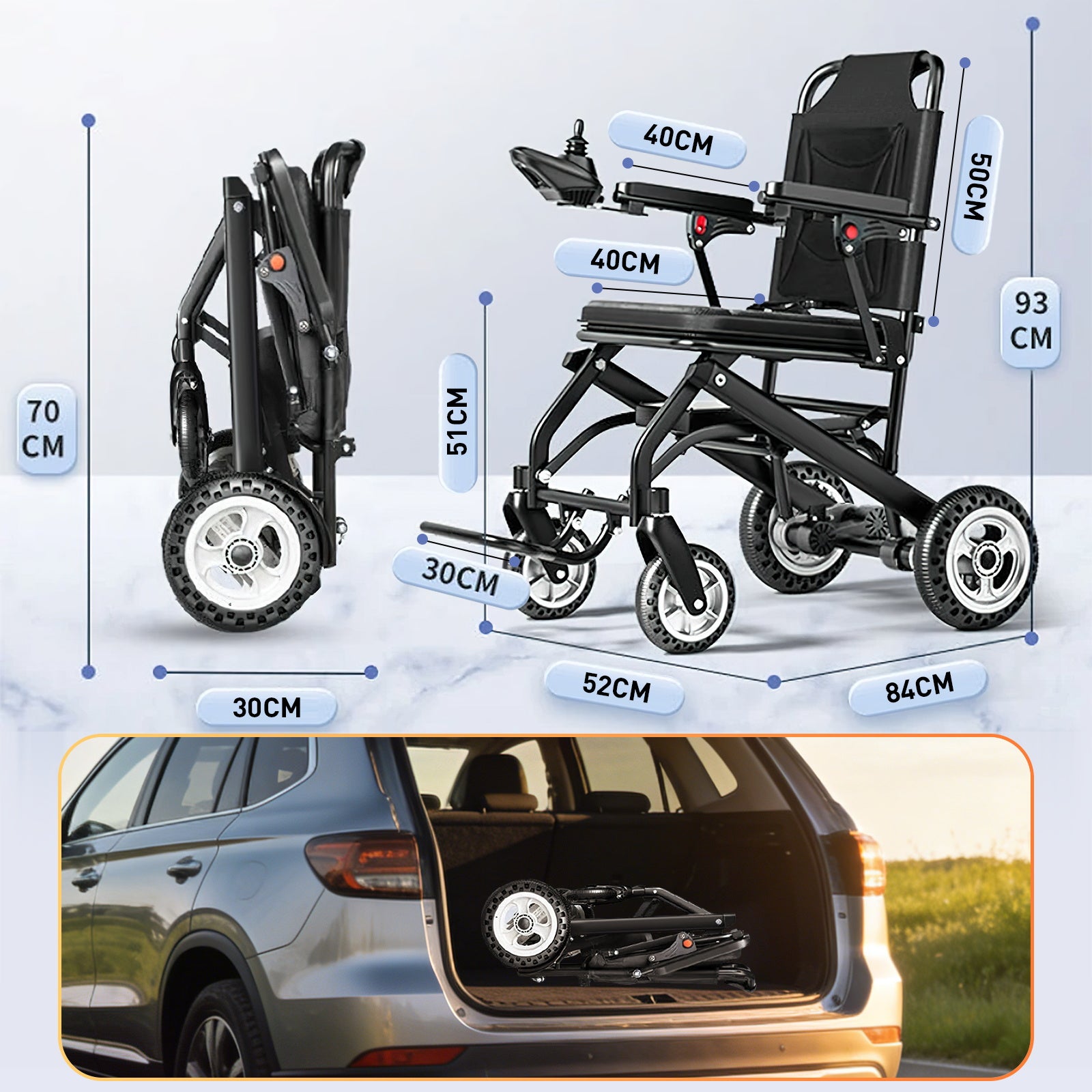 Sähköpyörätuoli – 13.6kg, 300W moottori, irrotettava litiumakku, elektromagneettinen jarru, 100kg kantavuus, kevyt sähköinen taitettava pyörätuoli, ihanteellinen matkoille & arkeen