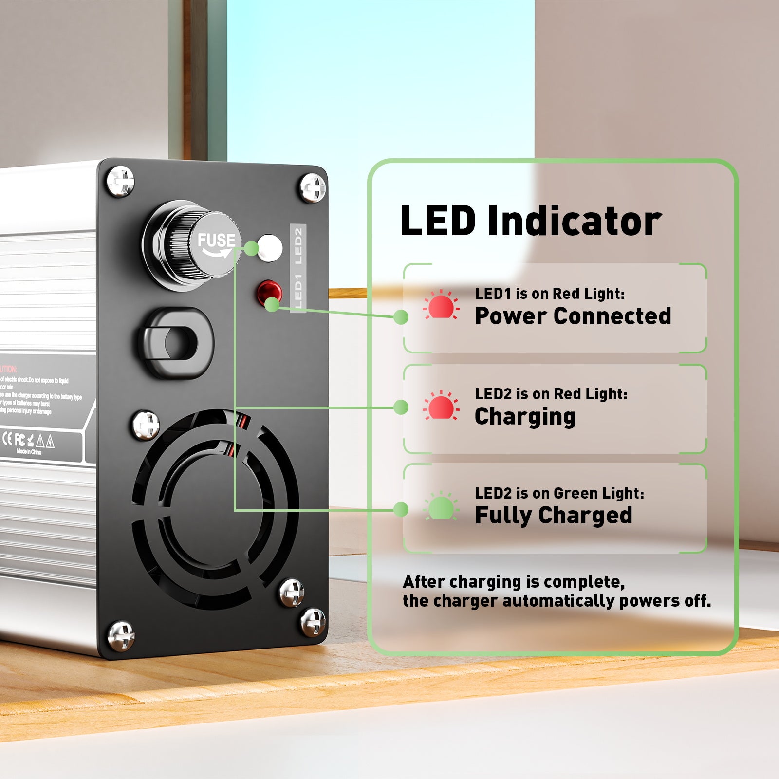 NOEIFEVO 24V 15A nabíjačka olovených batérií, nabíjacie napätie 27,6V-29,4V, automatické vypínanie, hliníkový kryt, s ventilátorom