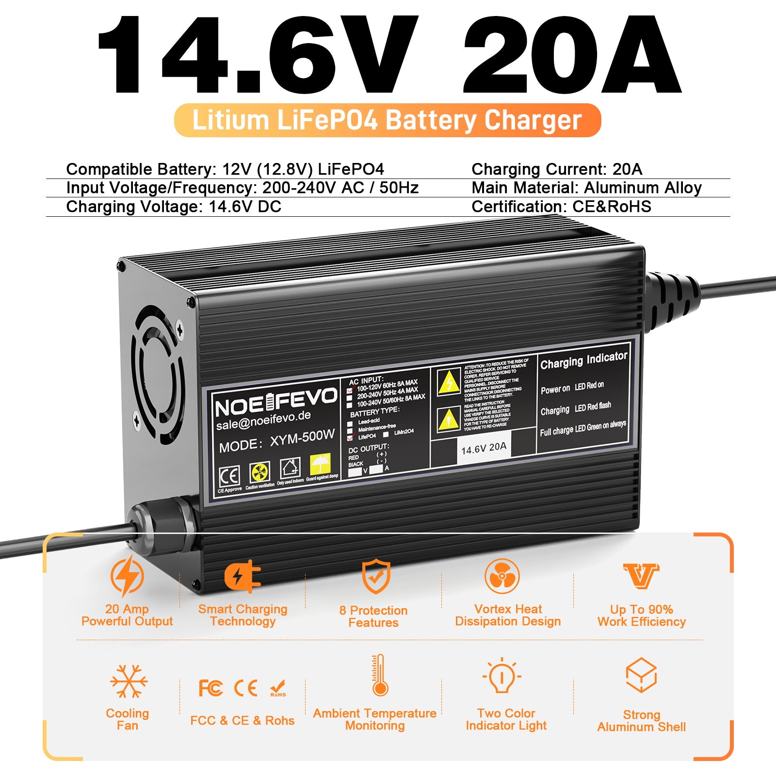 Noeifevo 14,6V 20A LiFePO4 batterilader for 12V 12,8V LiFePO4 litiumbatteri, 0V BMS Activate, Automatisk avstenging, Aluminiumslegeringshus
​
