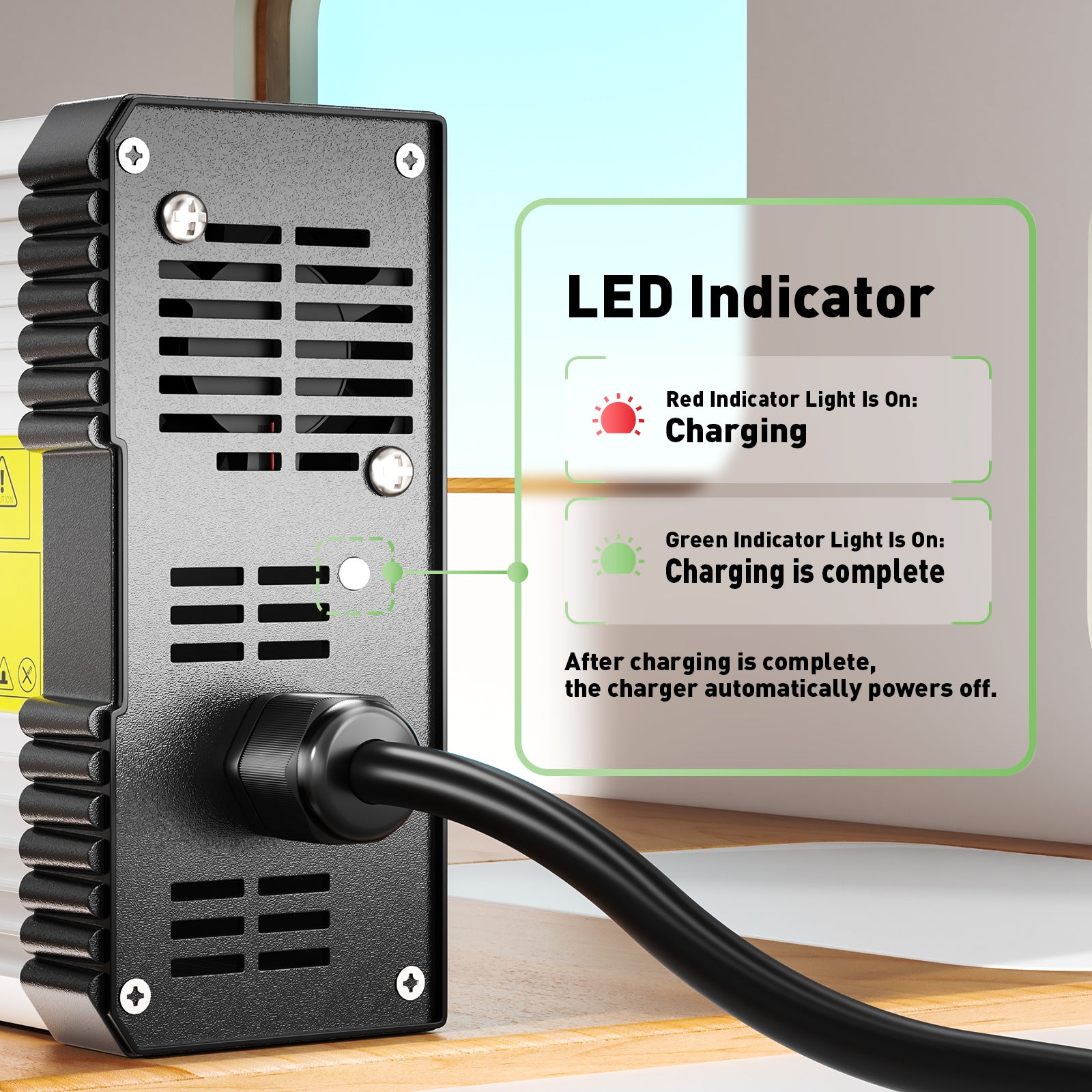 NOEIFEVO 33.6V 12A litiumbatteriladdare för 8S 29.6V 30V litiumbatteri, med kylfläkt, automatisk avstängning.