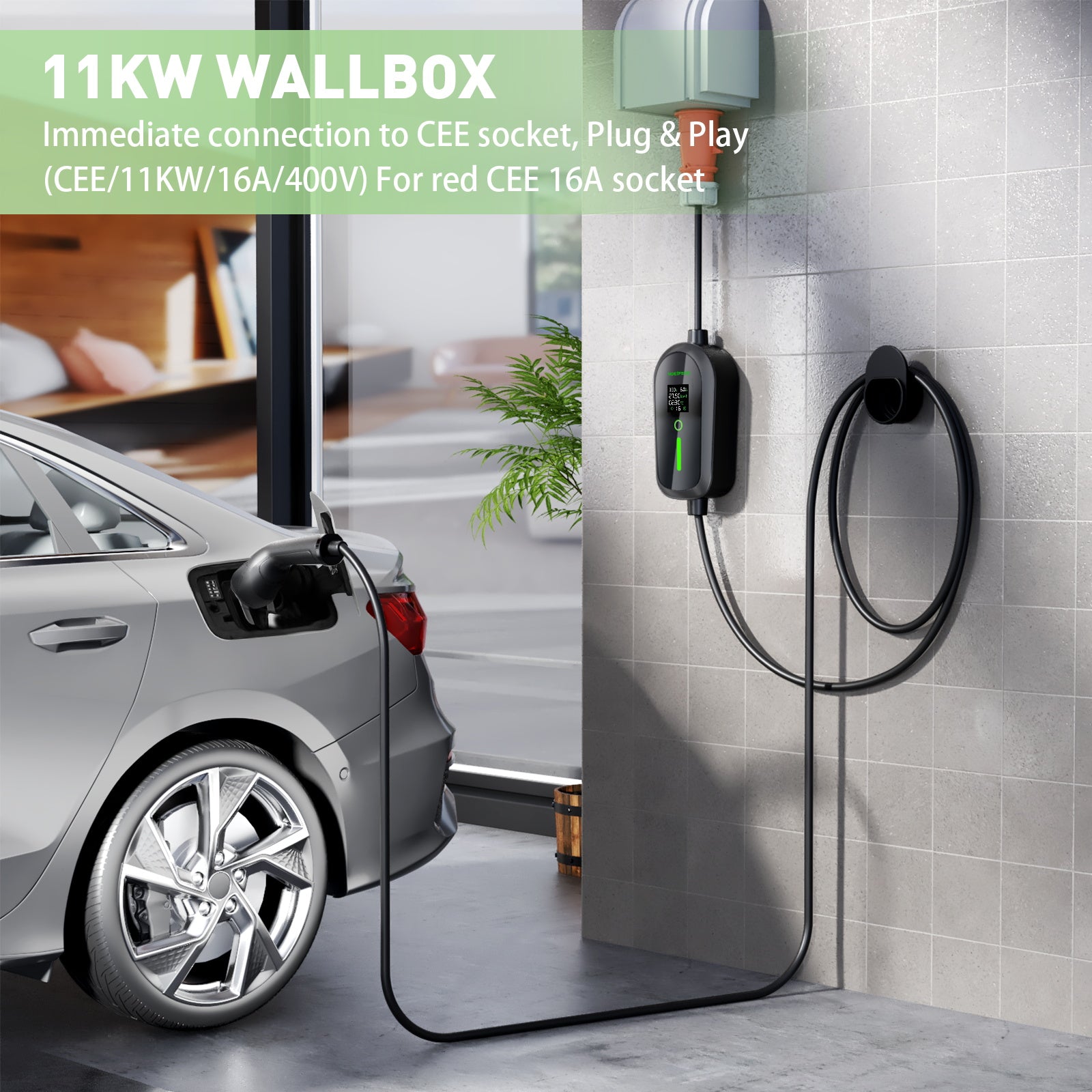 NOEIFEVO F097 11KW Wallbox mobile EV con app, 3-fase 6-16A con potenza di carica regolabile, controllo remoto Wi-Fi, cavo di ricarica CEE 16A a Tipo 2 per caricatore EV