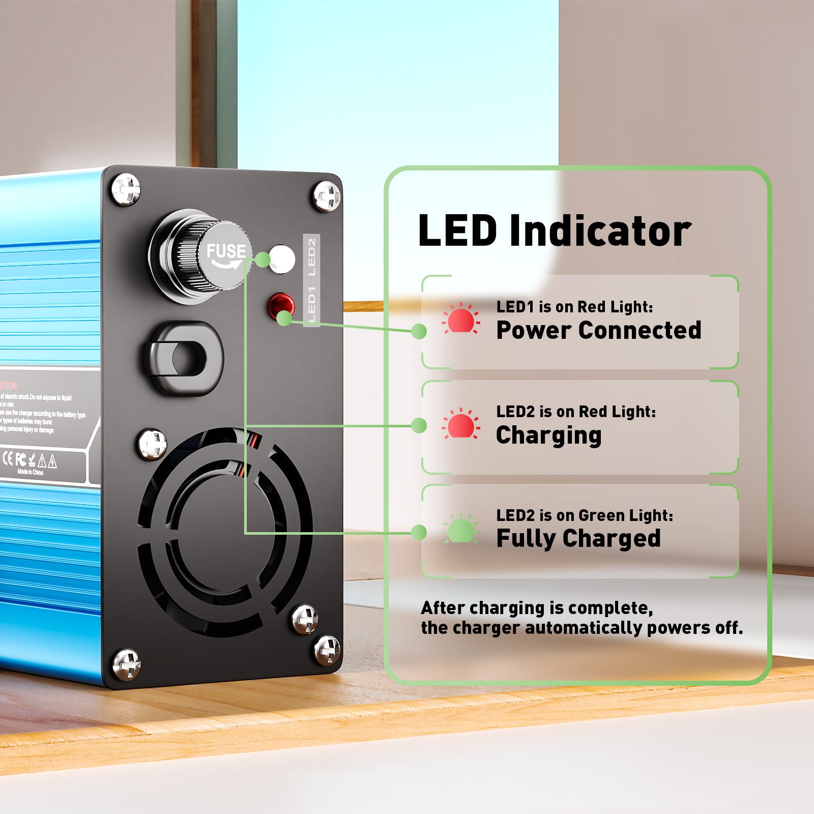 NOEIFEVO 12V 20A Blybatteriladdare, laddningsspänning 13,8V-14,7V, automatisk avstängning, aluminiumhölje, med fläkt (blå)