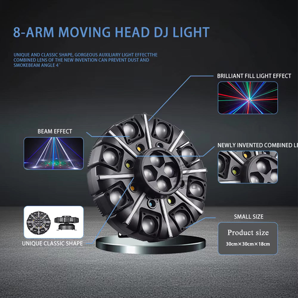 180W 8-Arm-Beam-Partylicht Bühnenbeleuchtung, 4-in-1 RGBW LED-Effektleuchte DMX512 für DJ, Disco-Party, KTV, Konzert, Nachtclub