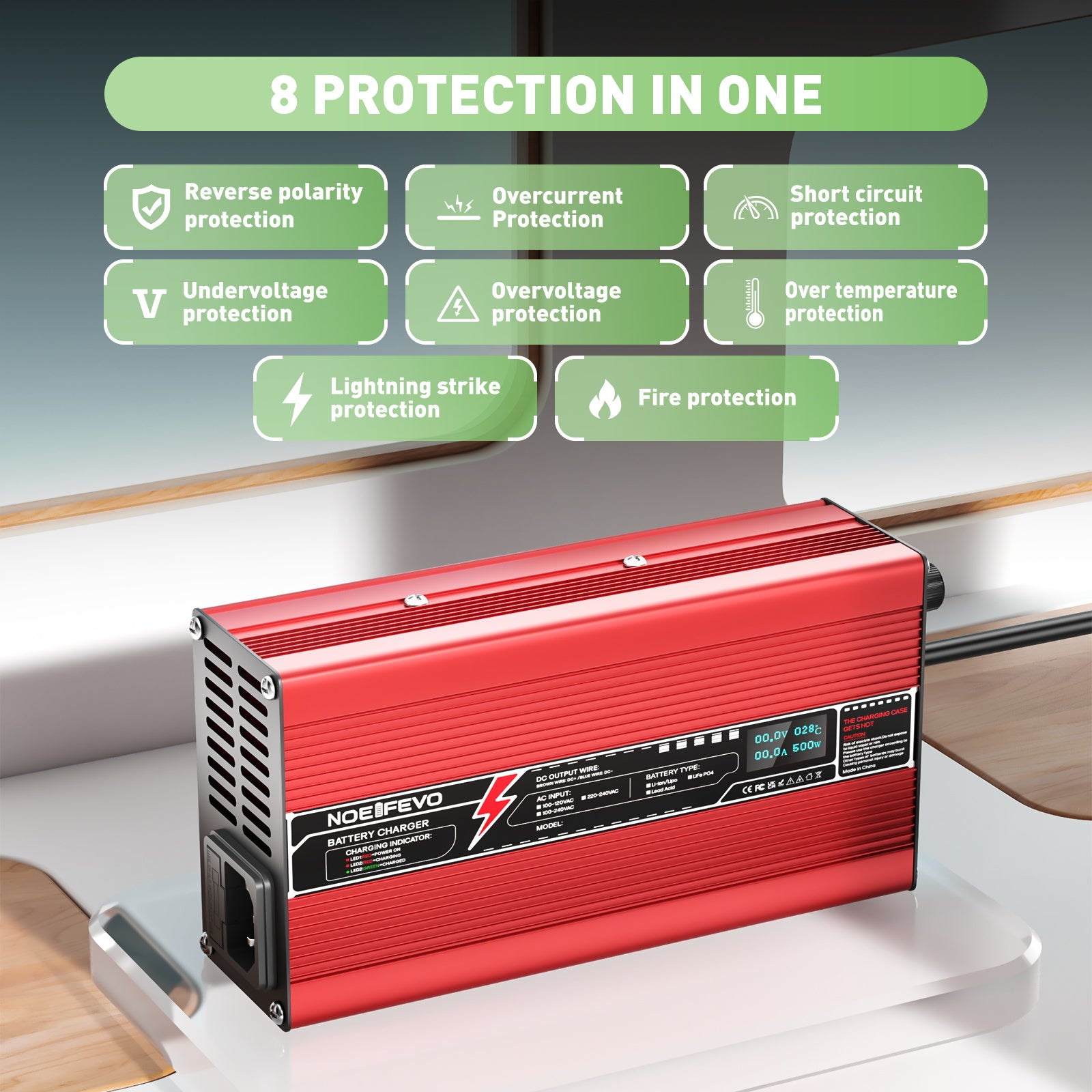 NOEIFEVO 29,2V 15A LiFePO4-batteriladdare för 25,6V 8S LiFePO4-batterier, automatisk avstängning, OLED-display, aluminiumhölje, med fläkt