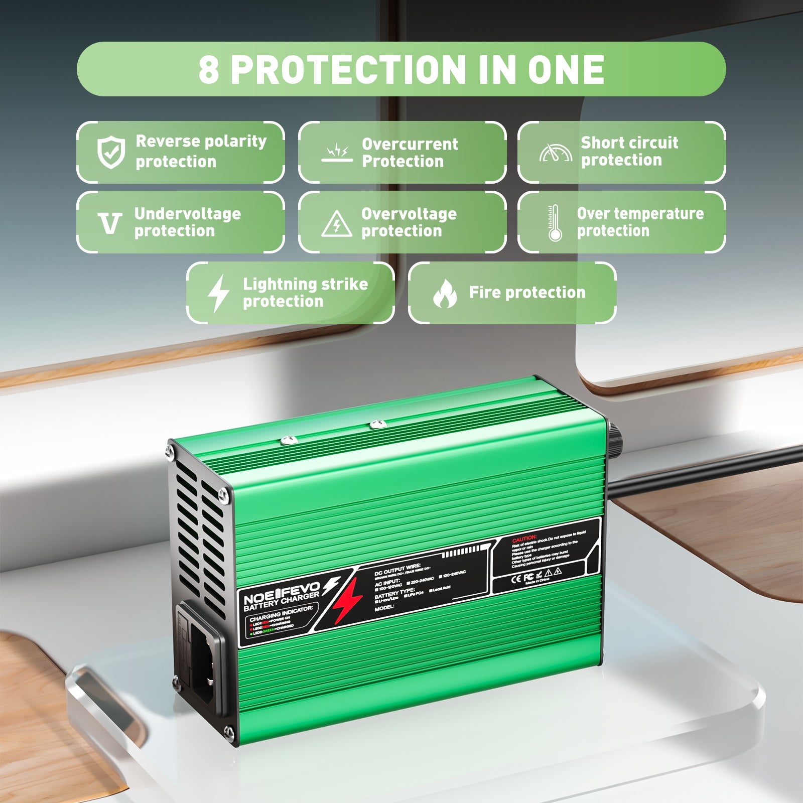 NOEIFEVO 14.6V 10A LiFePO4 Batterie-Ladegerät für 4S 12V 12.8V LiFePO4 Batterie,  Kühlventilator, automatischer Abschaltung(GREEN)