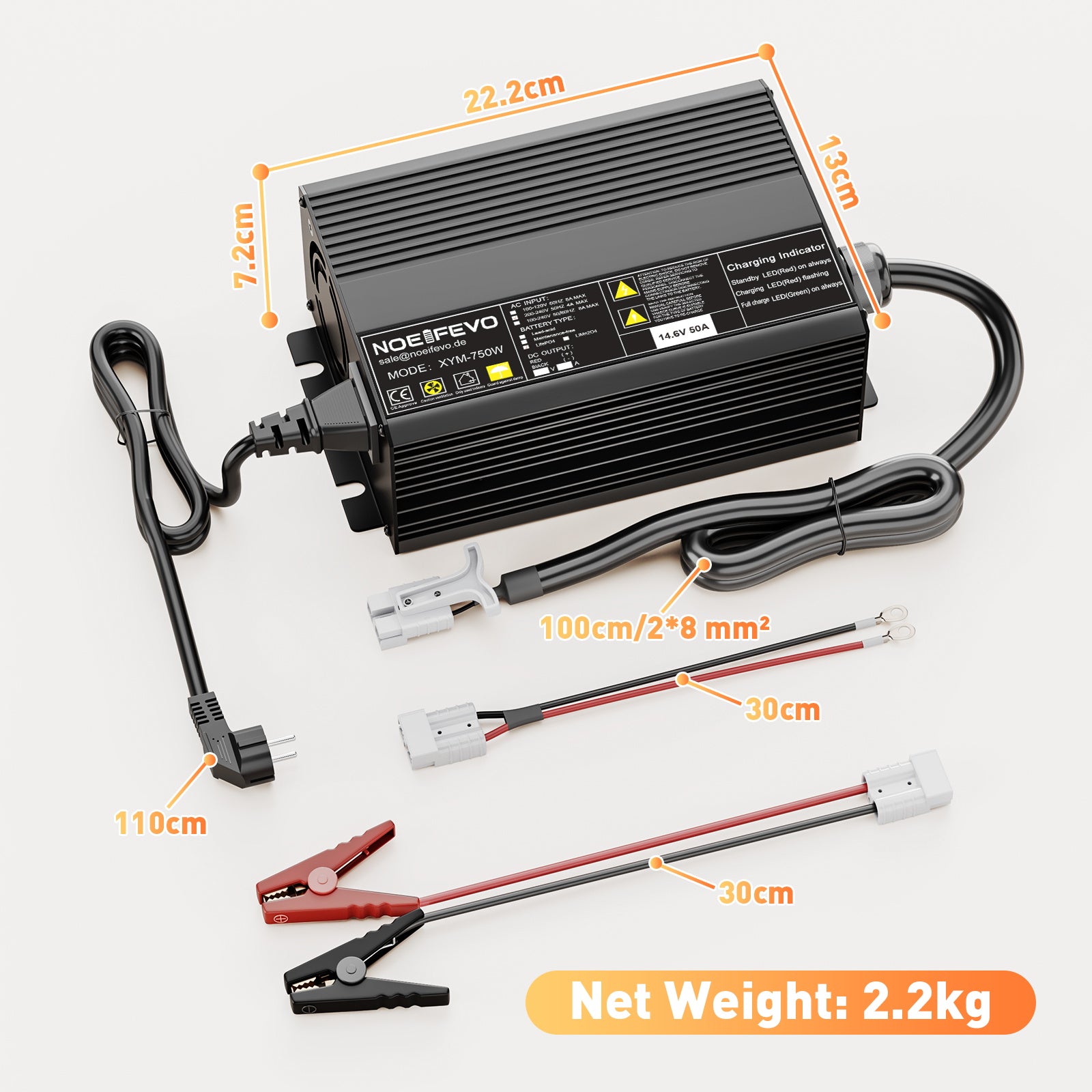 Noeifevo 14,6V 50A Rask Lithium LiFePO4-batterilader for 12V(12,8V) LiFePO4-batteri, 0V BMS-aktivering, automatisk avstenging med full beskyttelse