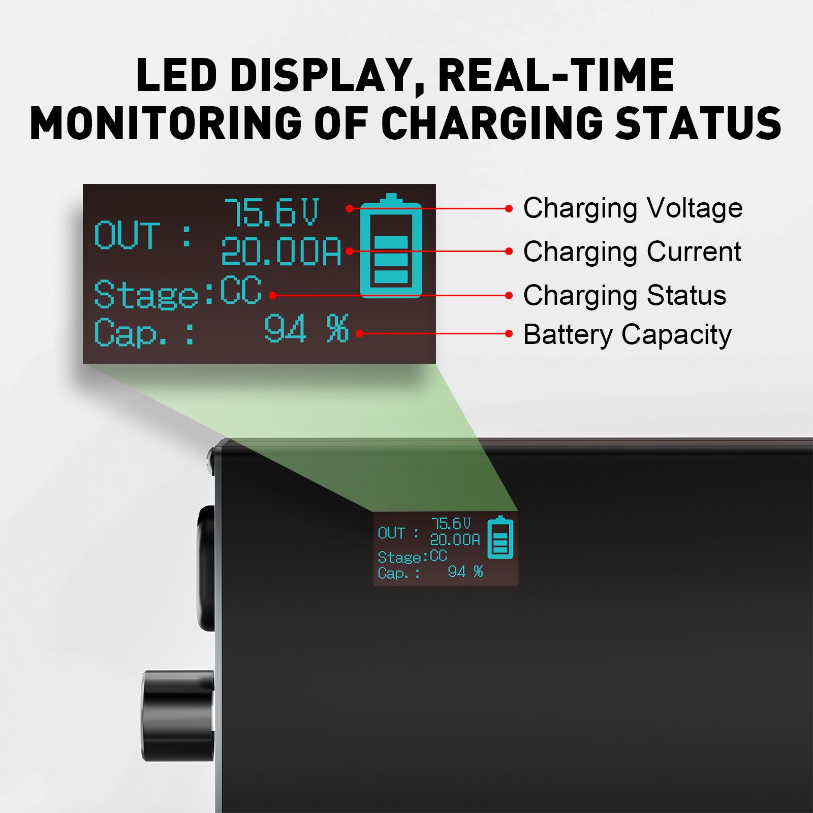 NOEIFEVO 75.6V 2-20A Litiumbatteriladdare för 66.6V 18S Litium-Li-Ion-Lipo-batteri, LCD-display, justerbar ström, laddare för elcykel, scooter, elektrisk motorcykel