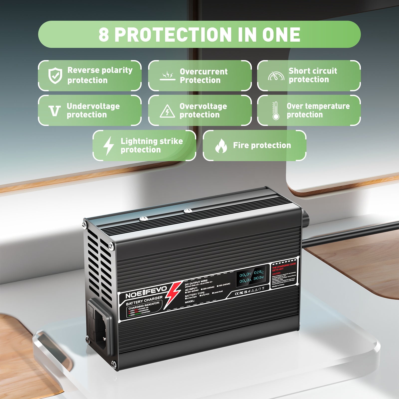 NOEIFEVO 33.6V 5A Lithium-oplader til 8S 29.6V Li-Ion Lipo-batterier, med LCD-skærm, køleventilator, automatisk slukning