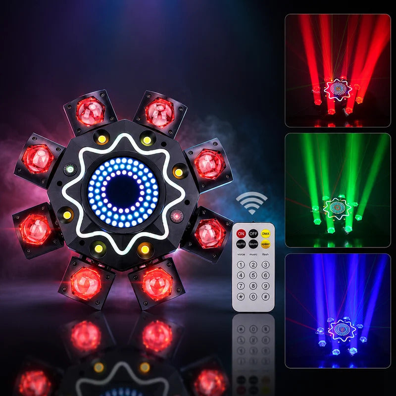 150W 8-Arm RGB Laser Moving Head Licht DJ Party Bühnenlicht, mit Fernbedienung, DMX512 Disco Licht für Party Konzert Bar Feiertage