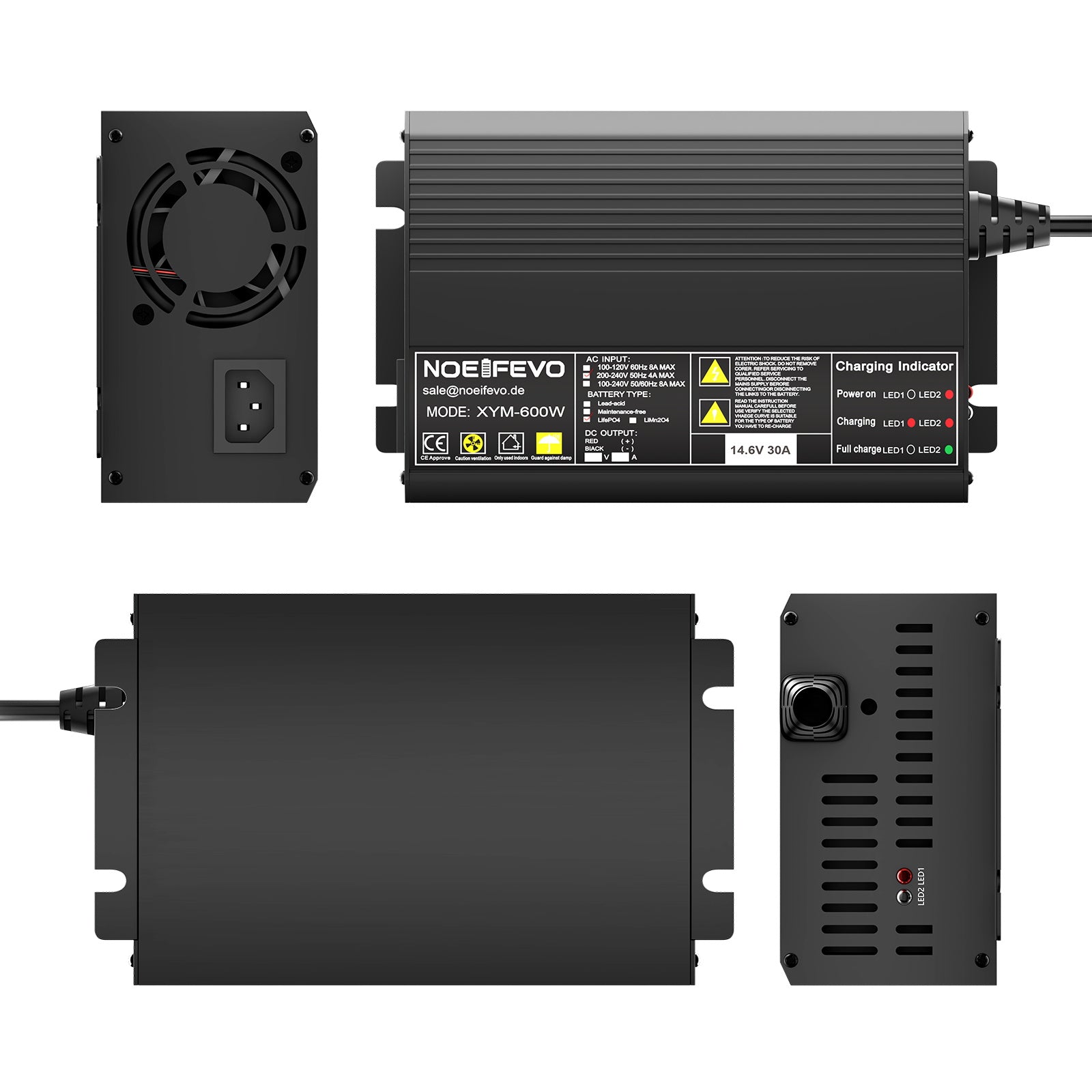 Noeifevo 12V 12.8V 30A LiFePO4-akkulaturi, 14.6V latauslaite LiFePO4-akkuun