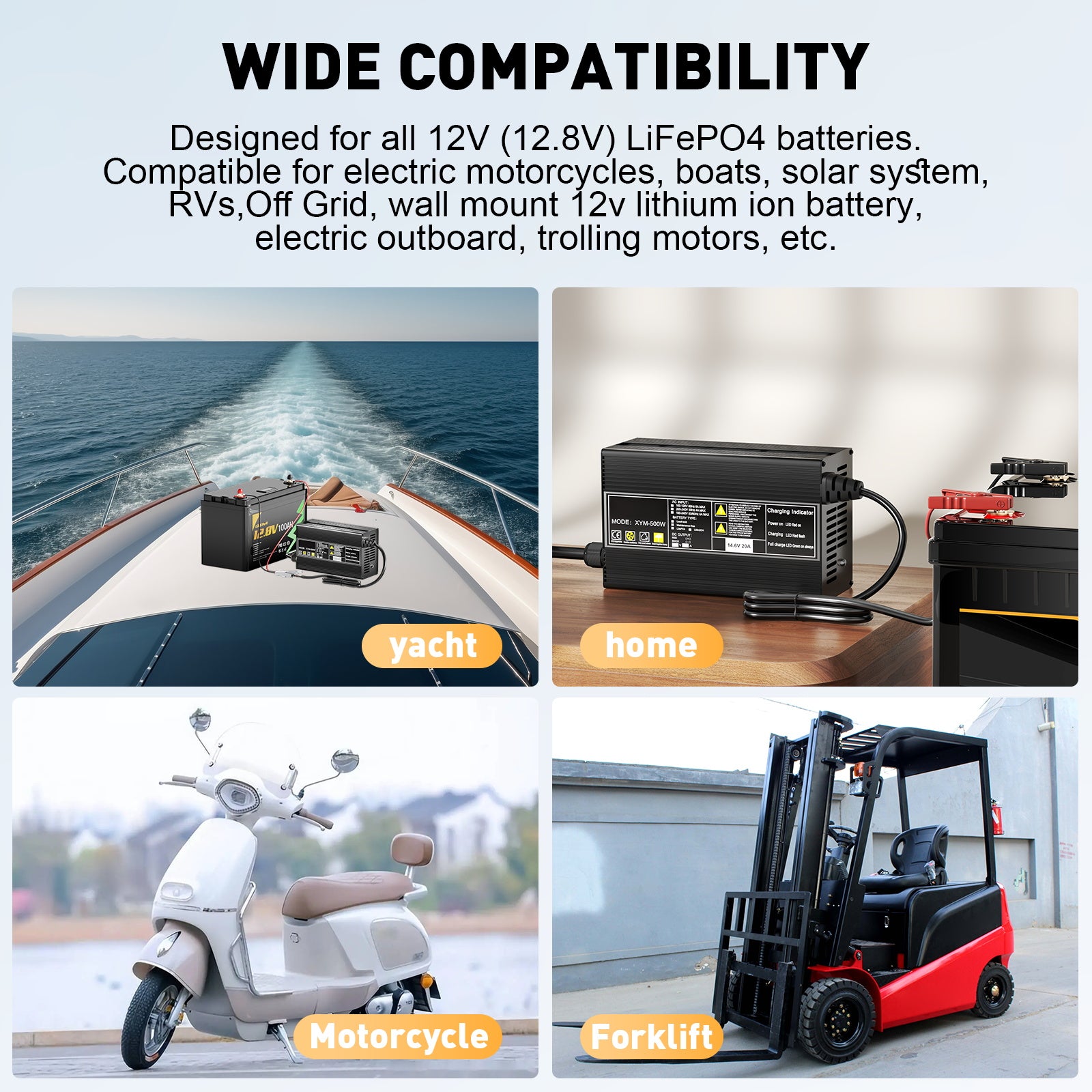 Noeifevo 14,6V 20A LiFePO4 batterilader for 12V 12,8V LiFePO4 litiumbatteri, 0V BMS Activate, Automatisk avstenging, Aluminiumslegeringshus
​